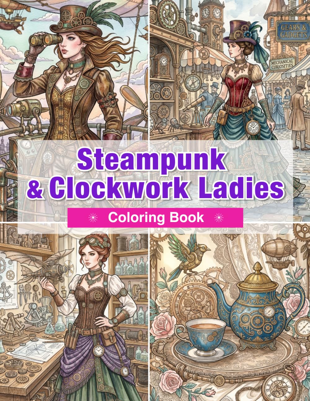 Steampunk & Clockwork Ladies Coloring Book: Steampunk Women, Airships, Clock Towers, Mechanical Inventions, and Victorian Fantasy Designs