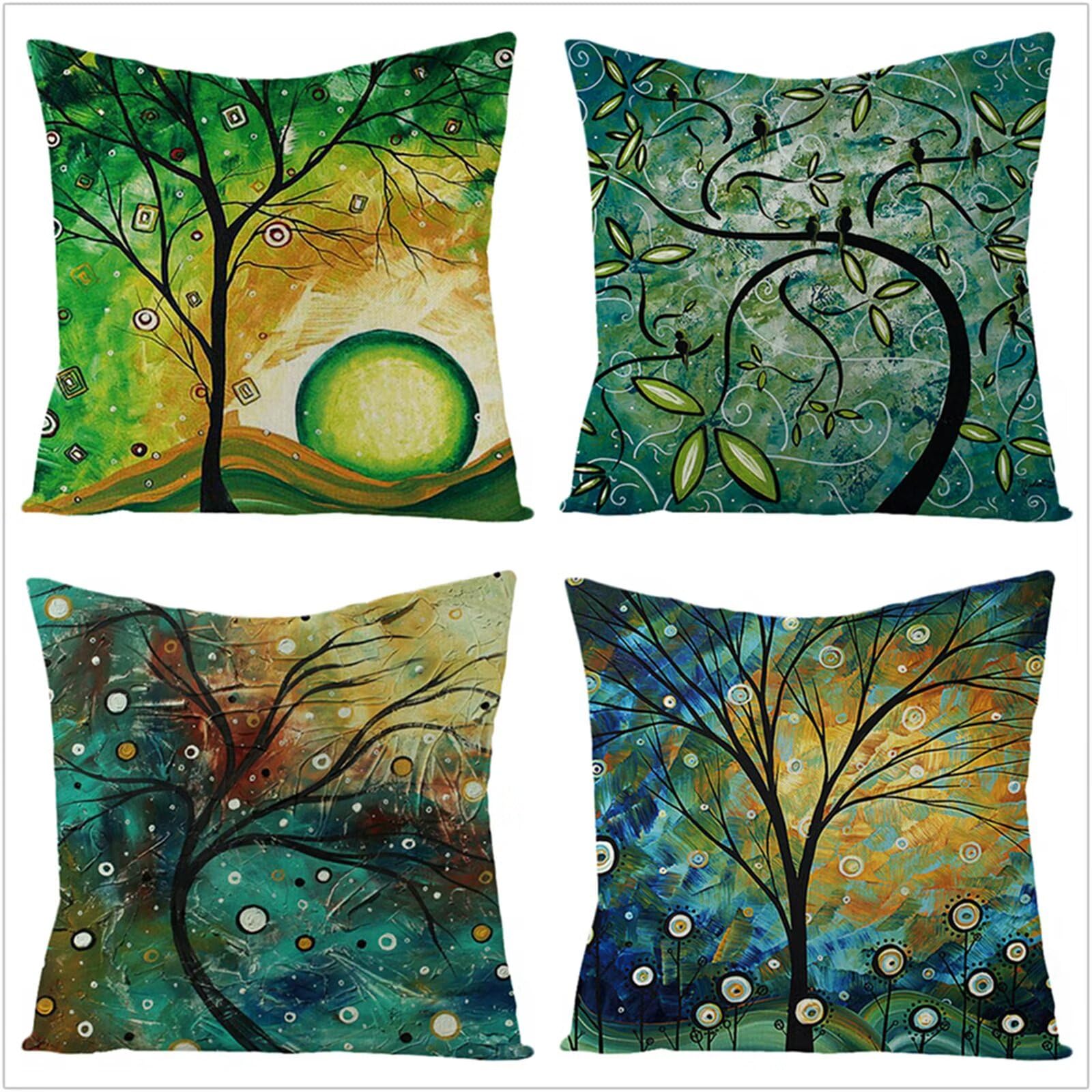 Fundas Cojines 65x65cm,Juego de 4 Fundas de Cojines Modernas Lino Decorativa Hogar Almohadas Fundas para Sala Sofá Cama Decoración para Hogar Árbol Abstracto Azul Verde