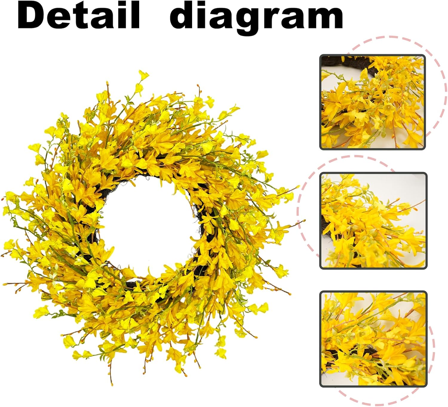 22" Spring Wreaths for Front Door, Artificial Forsythia Flower Wreath on Grapevine, Yellow Wreaths with Green Leaves, Silk Floral Wreath for Home Indoor Wall Window Garden Porch Farmhouse Decor