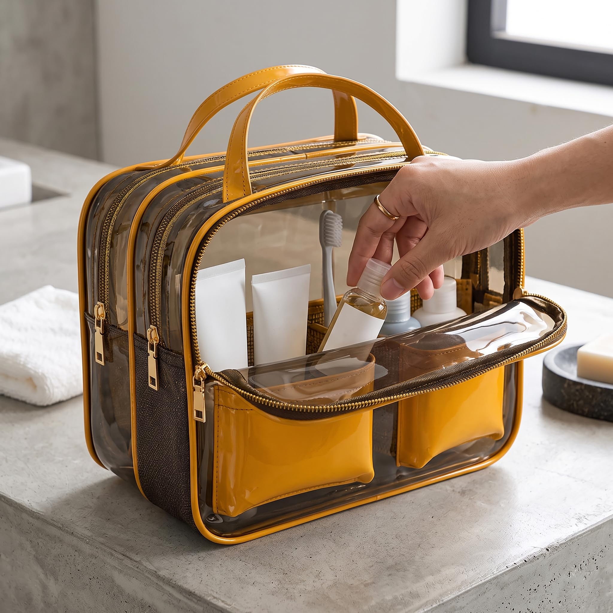 Transparente Toilettentasche mit Nassfach – wasserdichte Waschtasche für und Kosmetik, Bernsteinorange, Orange