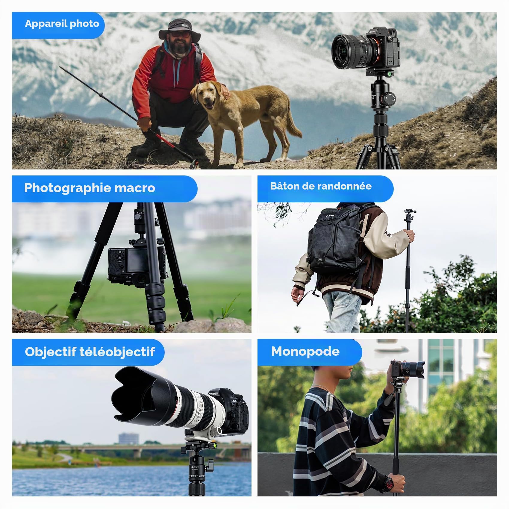 Fotopro S4 Pro Trépied Voyage Aluminium 150.1cm Rotule 360° Charge 8kg 1.18kg Plié 41.5cm 4 Sections