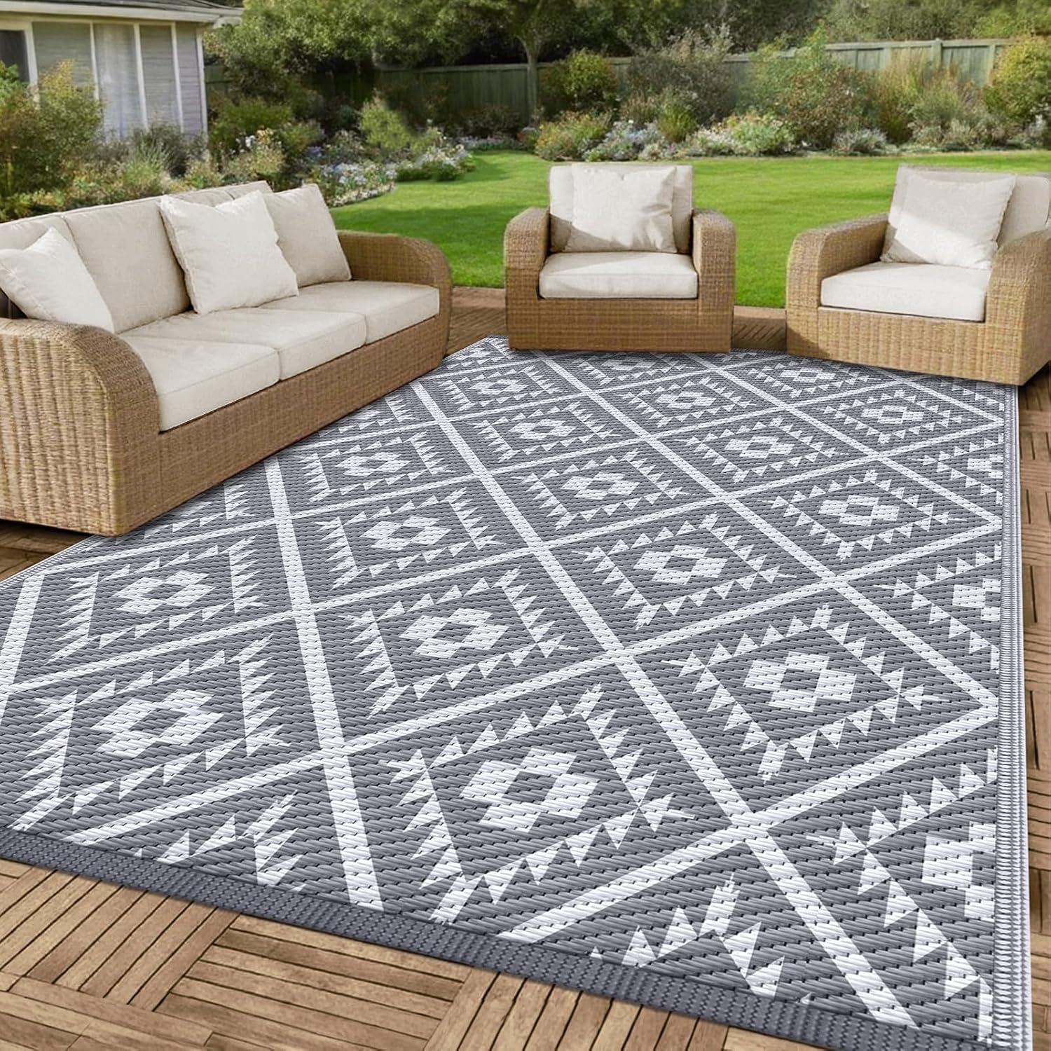 COOLTOP 9'x12’ Outdoor Rug for Patios Porches, Waterproof Plastic Camping Rugs, Modern Reversible Mat, Large Area Rugs for Backyard, Deck, RV, Balcony, Picnic, Beach, Grey & White