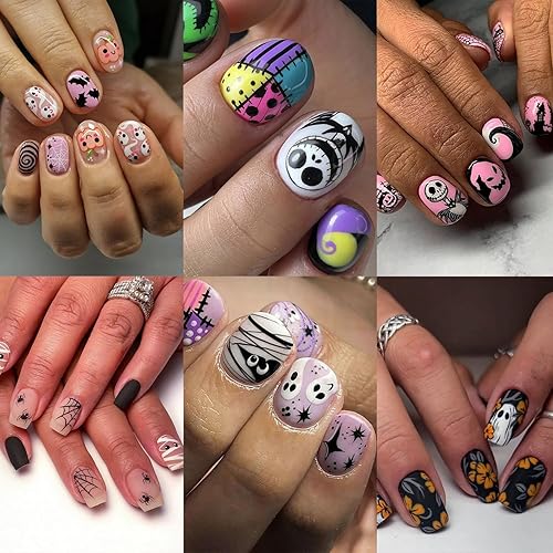 144 Pcs Halloween Press on Nails Kit Short Square Fake