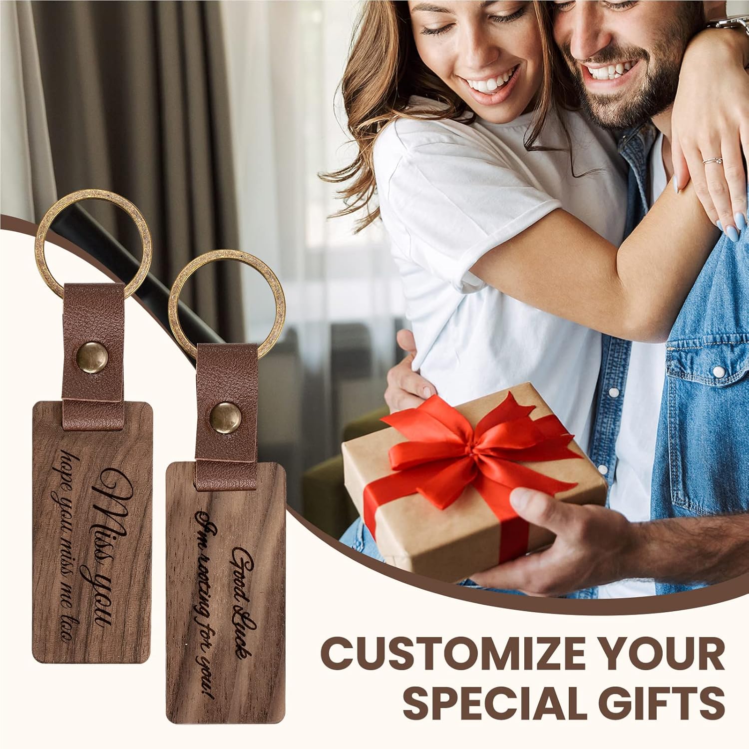 Auihiay 25 Pieces Leather Wood Keychain Blank, Wooden Keychain Blanks with Leather Strap, Unfinished Wooden Keychains for Laser Engraving, DIY Various Key Tags, Wood Crafts Gift - Image 7