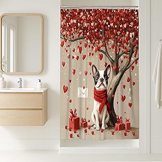 Valentine's Day Boston Terrier Dog Stall Shower Curtain Set, Fun Heart Tree Puppy Small Curtain, Pet Bathroom Accessories, Printed Pattern Decorative -36 * 72