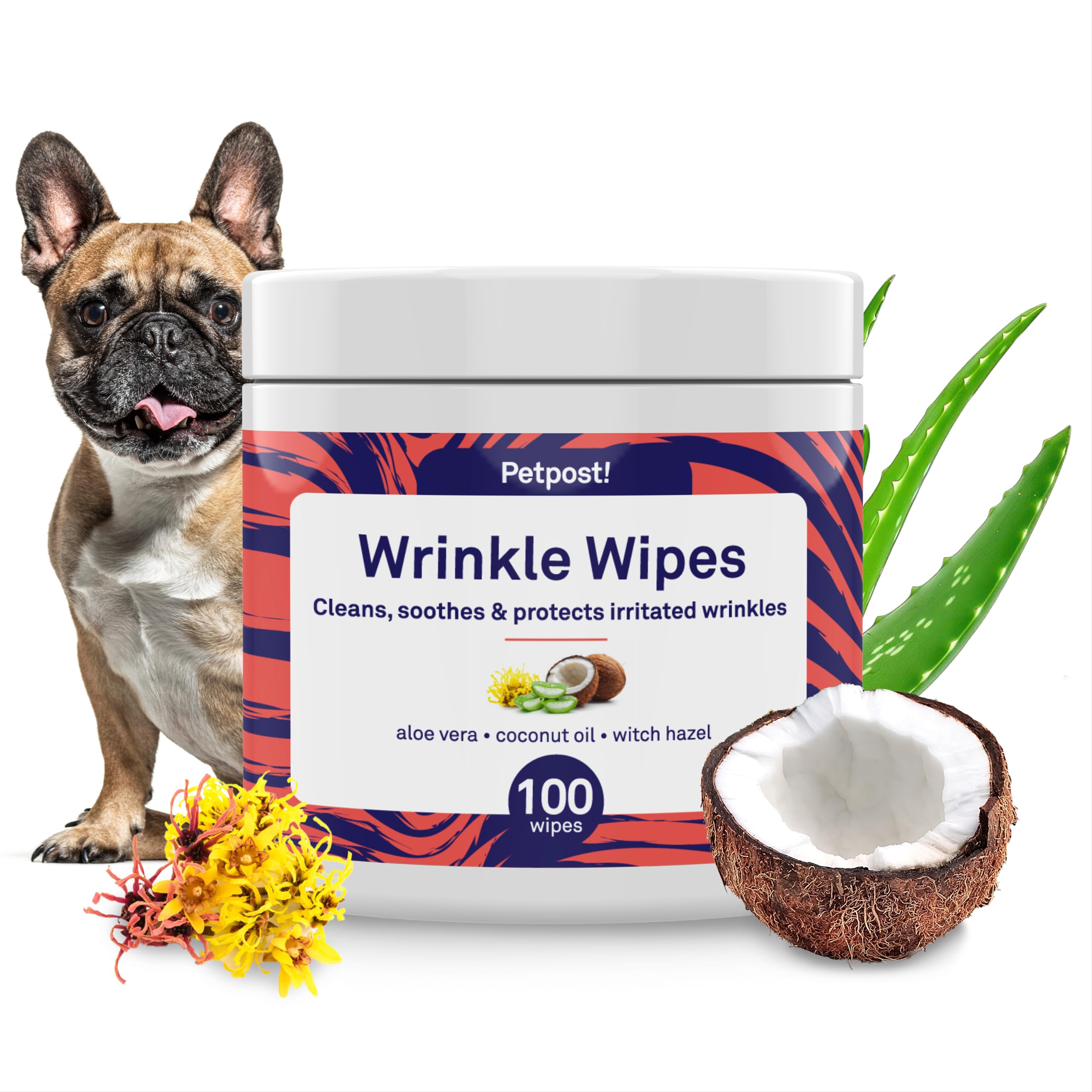 Petpost | Bulldog Wrinkle Wipes for Dogs - Cleans and Soothes Pug Wrinkles and Folds - 100 Ultra Soft Cotton Pads in Coconut Oil Solution
