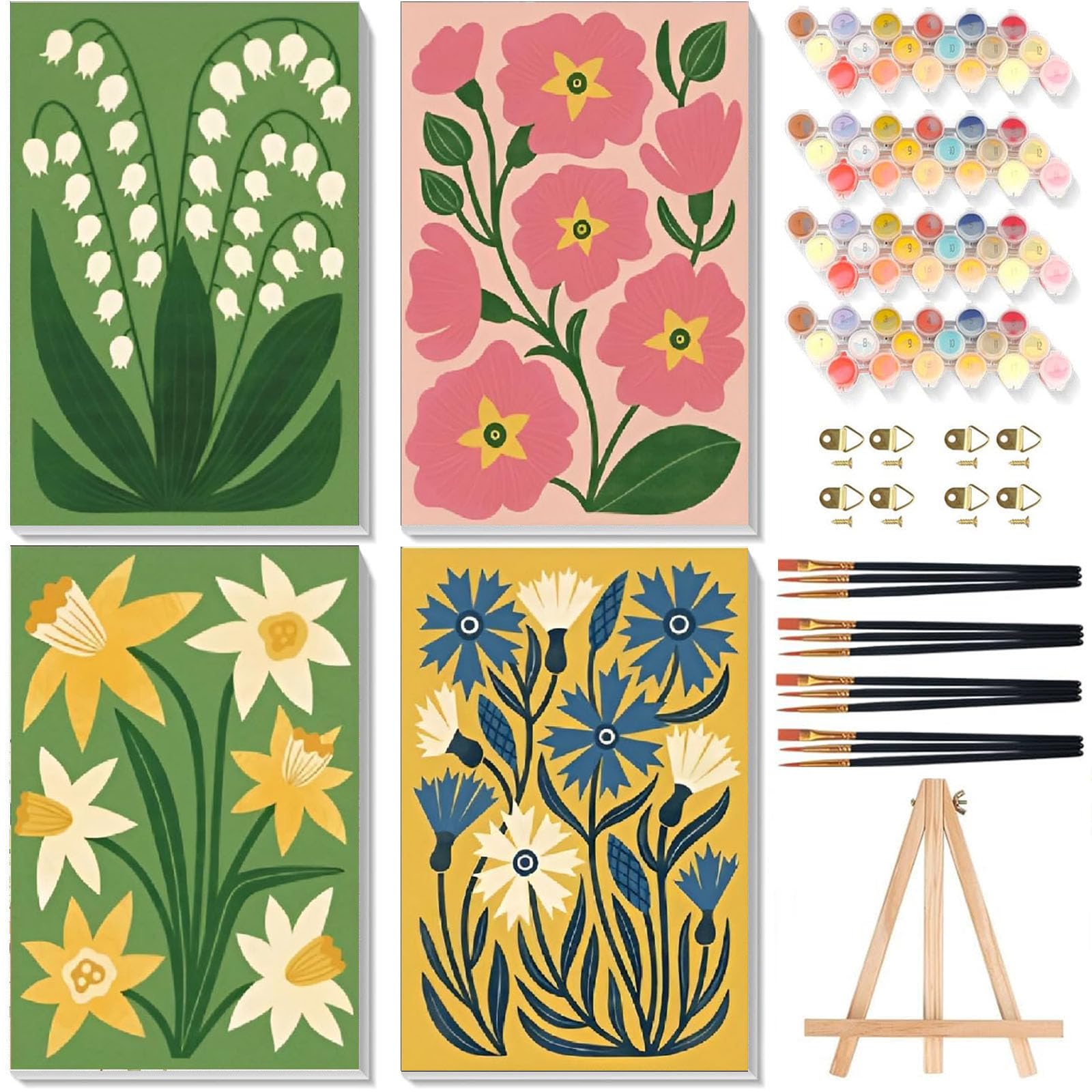 4 Pack Paint by Numbers for Adults with Framed Canvas & Wooden Easel, Flower Painting by Number Kit Beginners on Canvas, Easy Flowers Acrylic Oil Painting with Brushes for Home Wall Decor (8x12 inch)