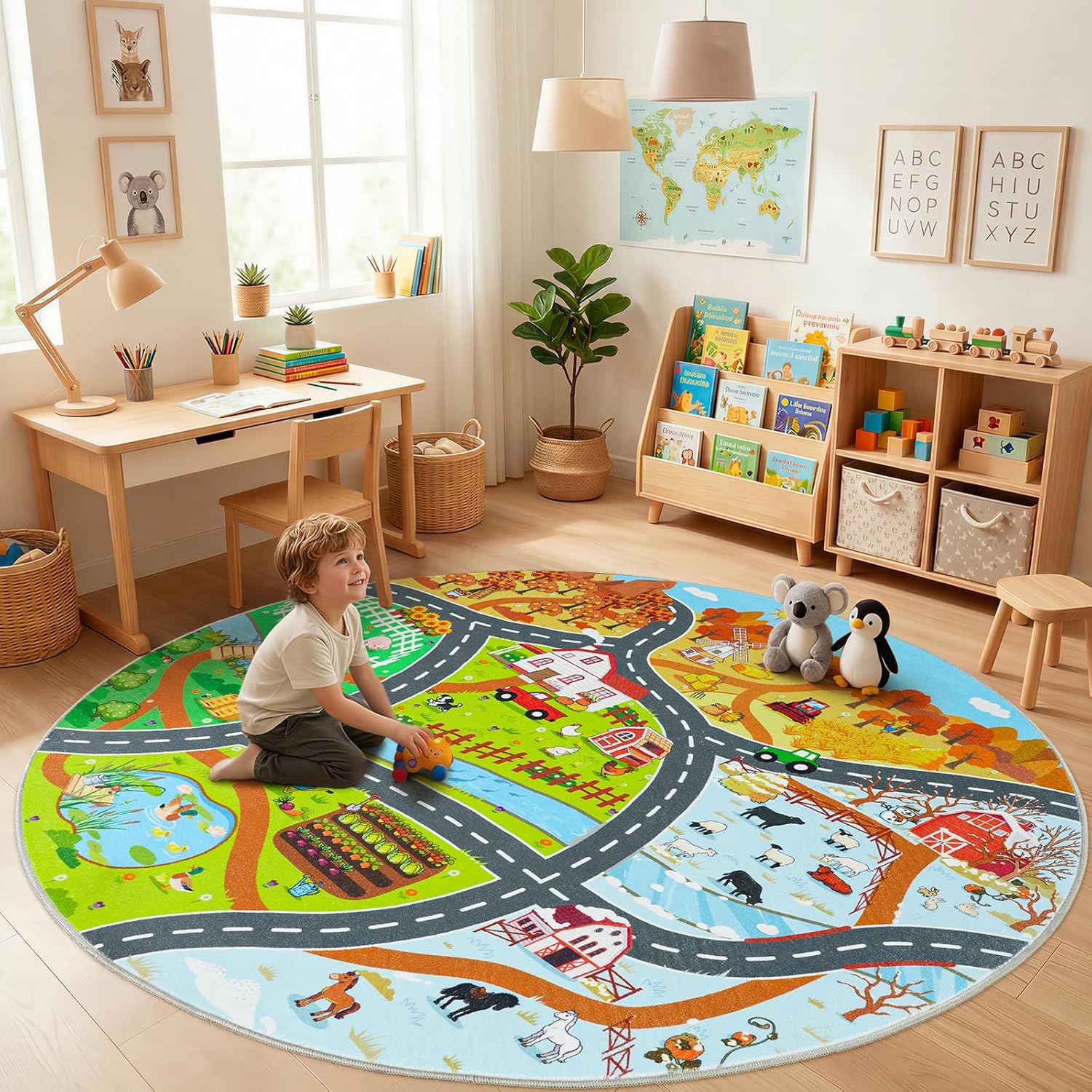 Car Rug Play Mat for Kids Toy Cars, 4' x 5' Town City Track Road Carpet, Non-Slip Machine Washable Town City Track Road Rugs Four Seasons Theme Traffic Mat for Kids Room Bedroom Game Safe Area