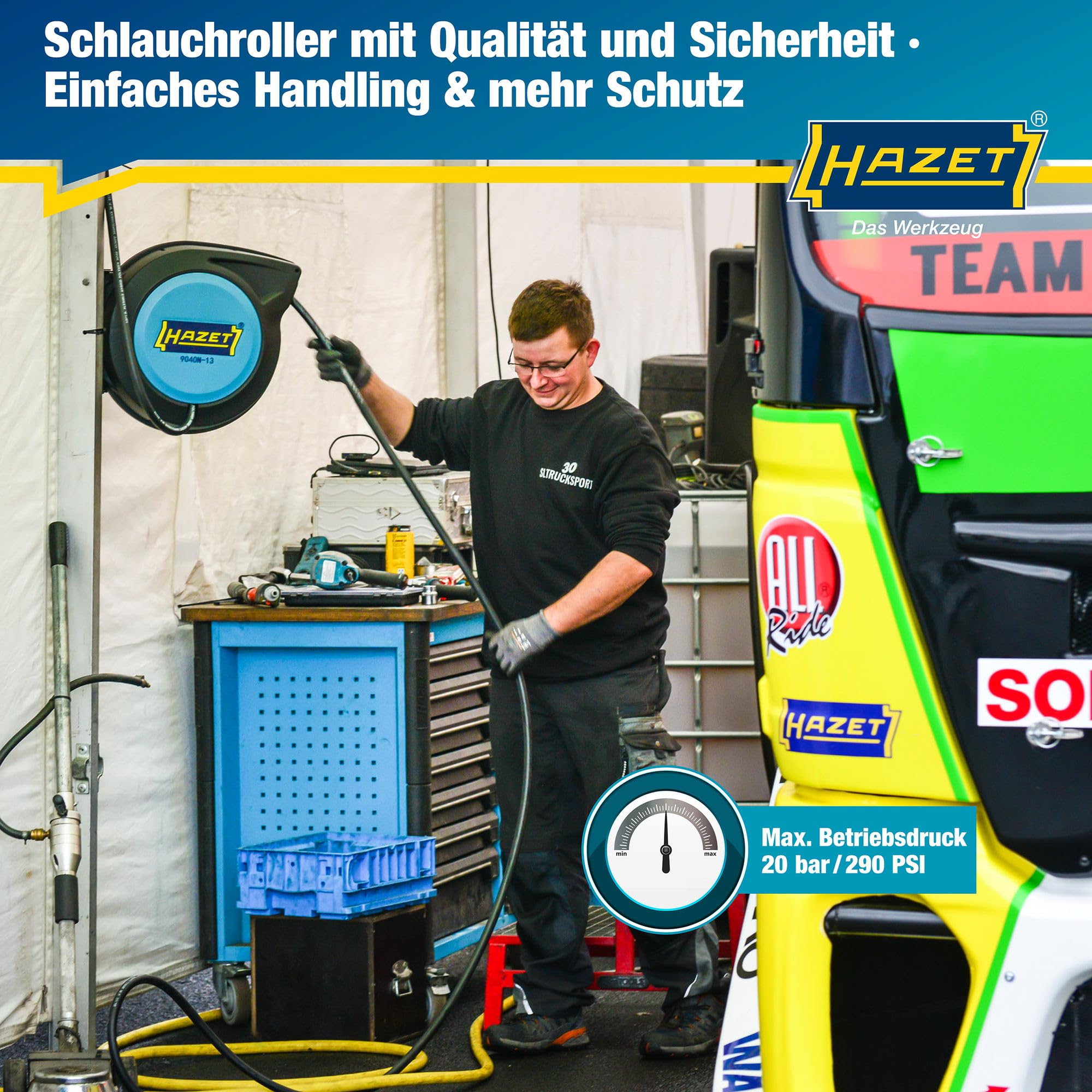 HAZET Schlauch-Aufroller 9040N-10 I Schlauchlänge: 15 m, Schlauchinnendurchmesser: 10 mm, max. Druck: 20 bar für Druckluft und Wasser I Schlauchtrommel für sauberes Aufwickeln von Schläuchen