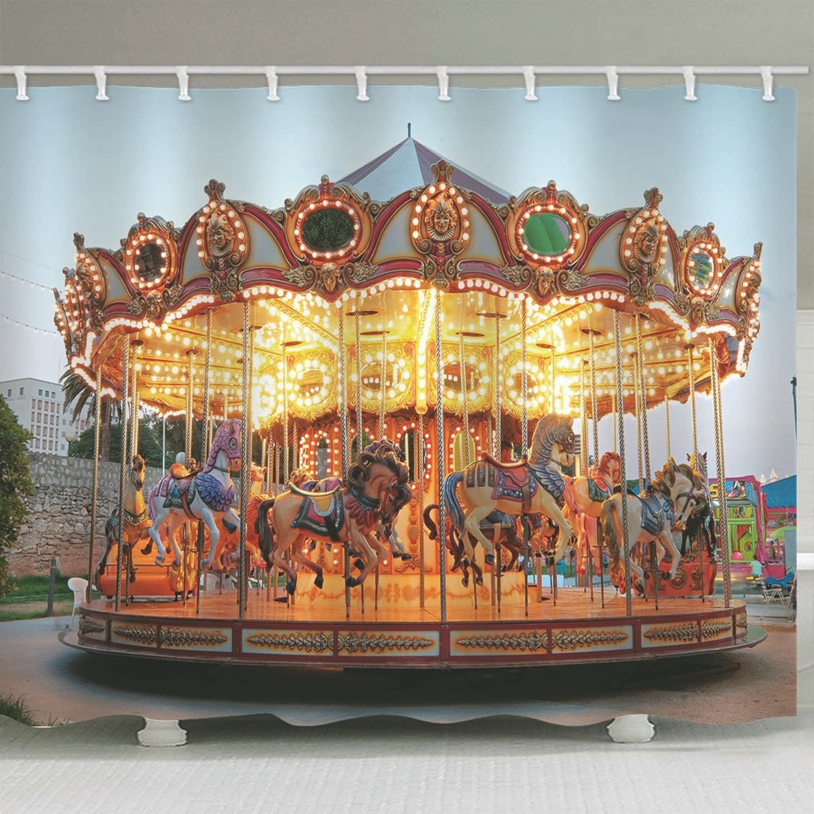 Yellow Shower Curtain Sets for Men, Polyester Fabric Shower Curtain Liner Carousel Shower Curtain Waterproof 71X79 Shower Curtain