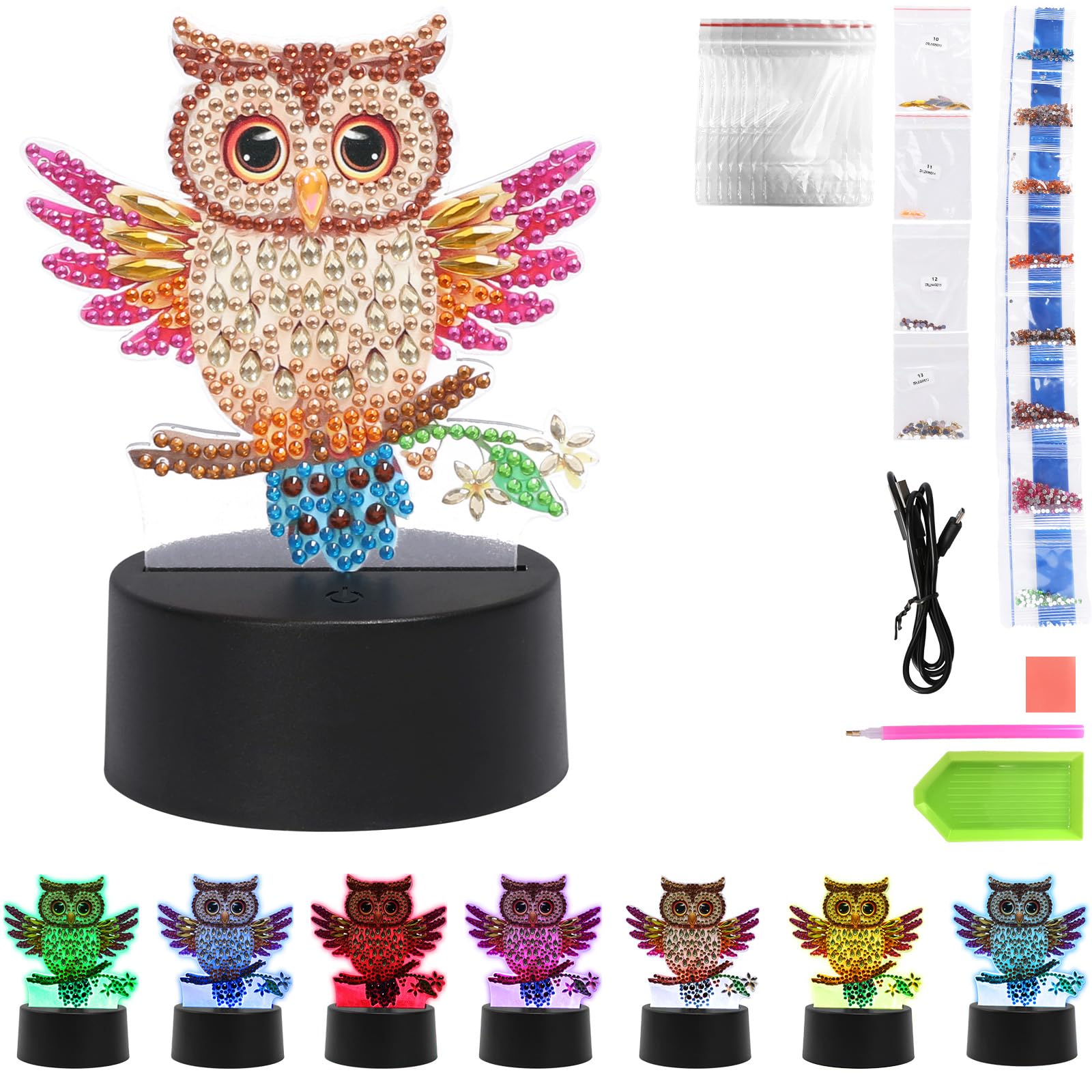 LOOPES 5D Diamond Painting Kits,Owl Night Light Kids Diamond Activity Packs Arts and Crafts Presents for Girls Kids Children Autumn Halloween Christmas&Birthday Owl Gifts-7 Light Colours