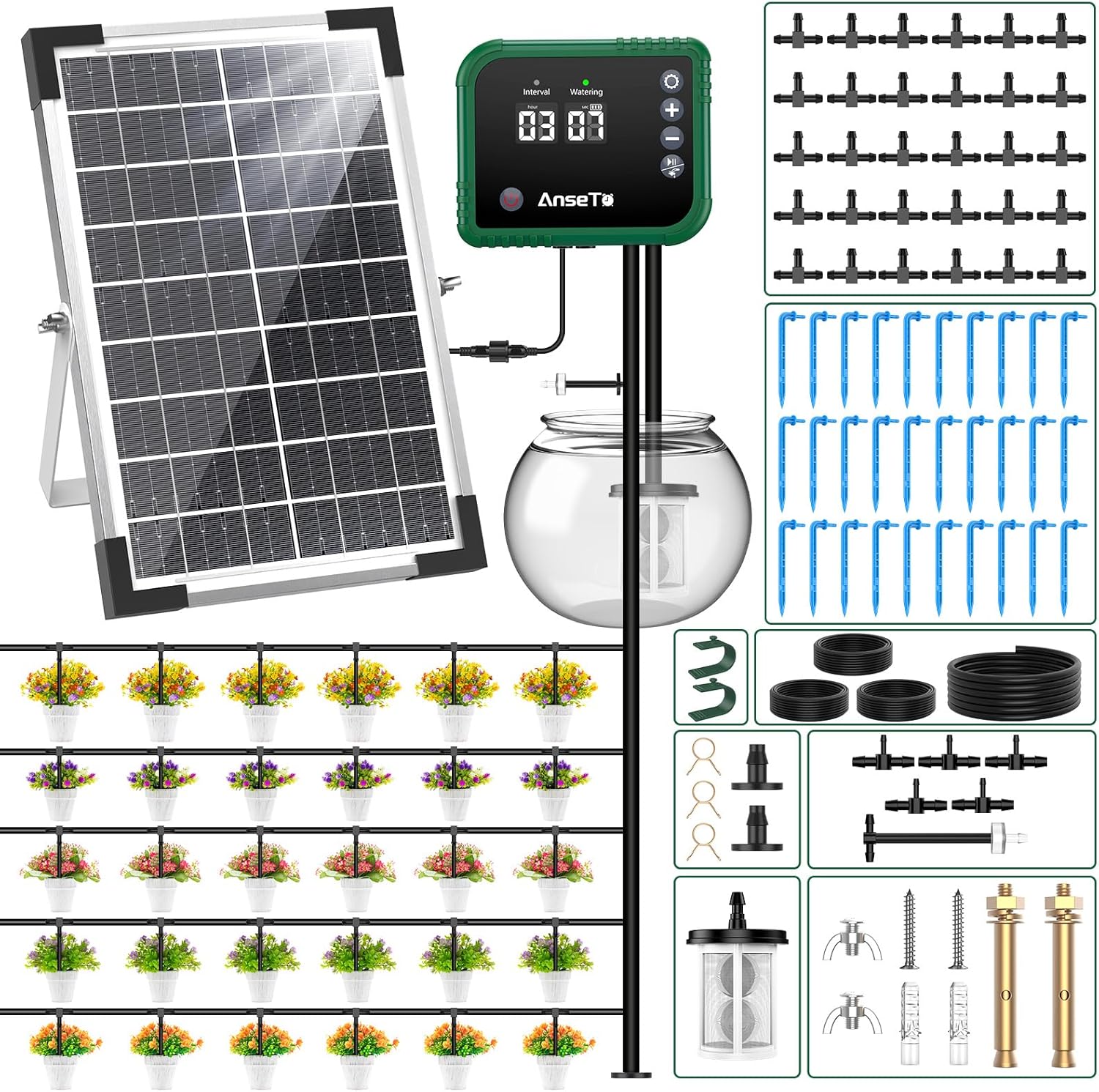 8W Solar Drip Irrigation System for Gardens, DIY Automatic Drip Kit, Supports Watering 30 Pots, Includes 35m Drip Hose and 30 Emitters Suitable for Gardens/Greenhouses/Outdoor Irrigation Timer