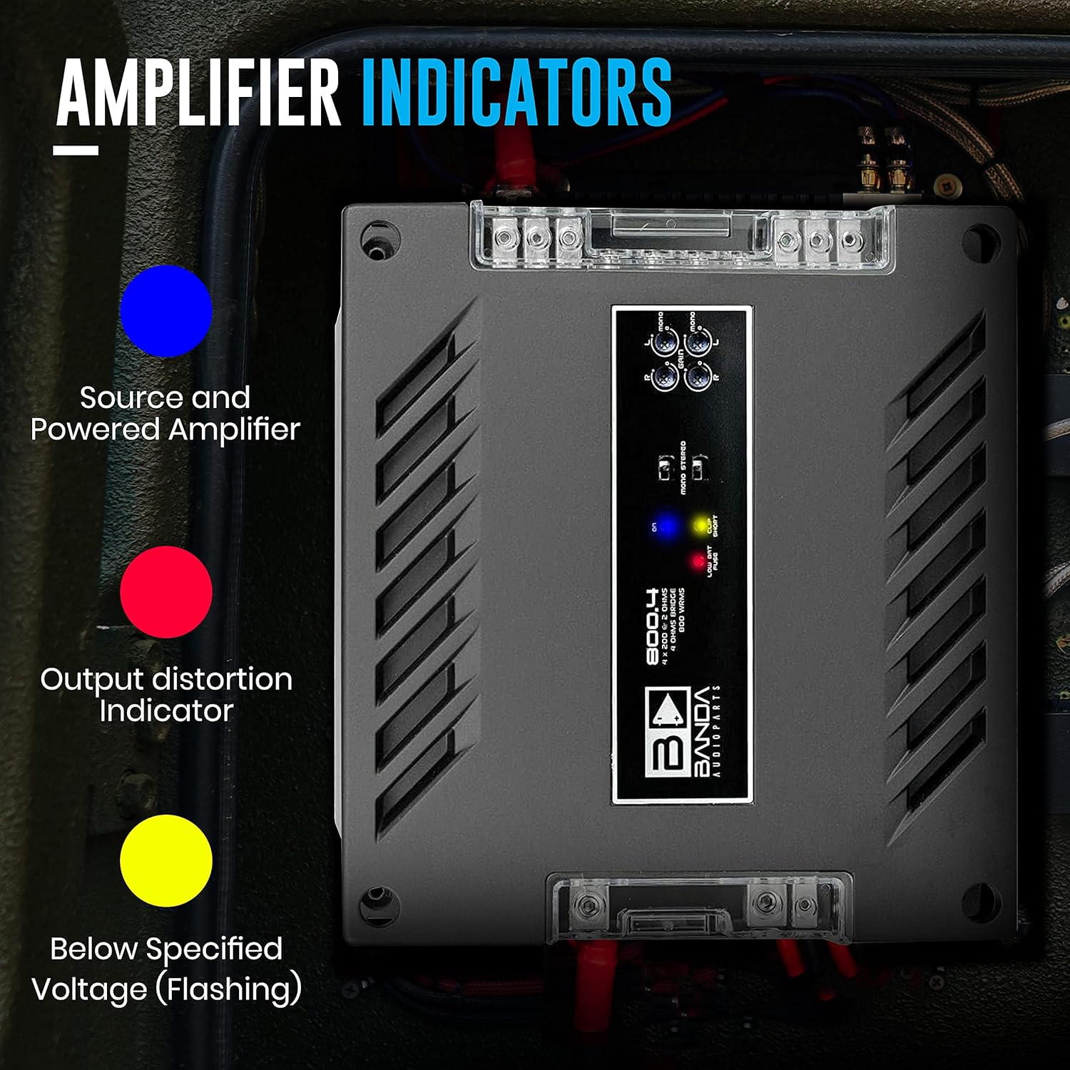 4-Channel Vehicle Audio Amplifier - 200 WRMS High-Powered Mono Amplifier w/Subsonic Filter and Low Pass Filter Stable at 1 ohm, LED Indicators, Sound Specialization - Banda 800.41OHM