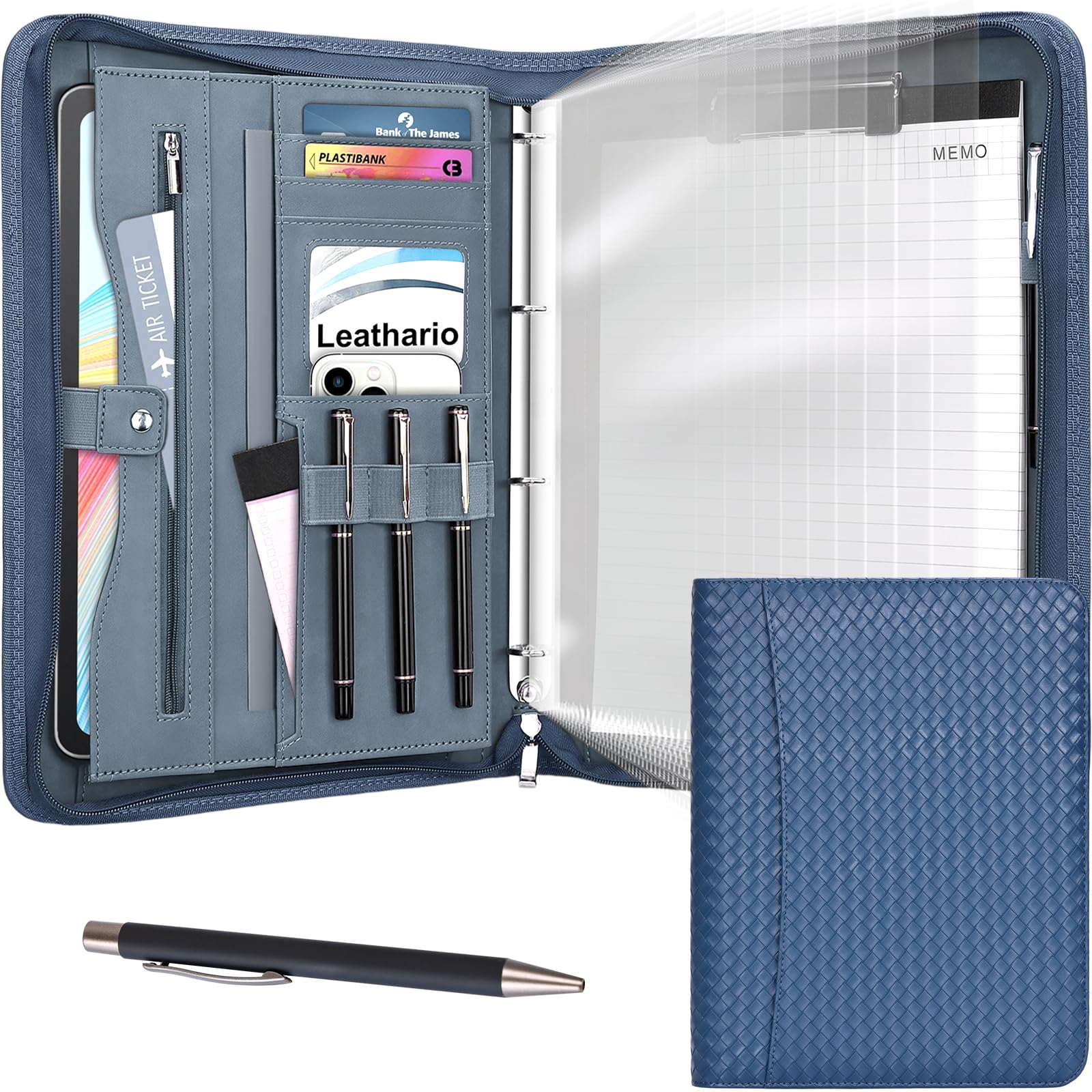 Leathario Portfolio Folder A4, Vegan Leather 4-Ring Conference Folder with Notepad, Includes 10 Clear Sheet Protectors and a Pen, A4 Leather File Folder, Travel Document Holder, Office Suppilies