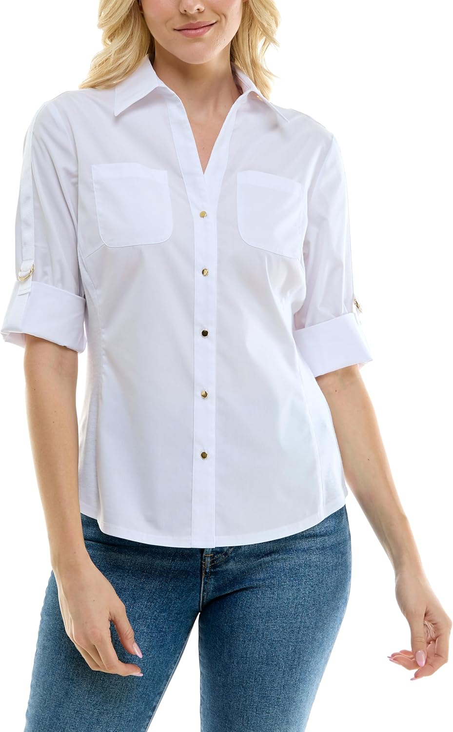 Zac & Rachel Womens Button Up Shirt with Two Front Pocket Design and Rolled 3/4 Sleeve