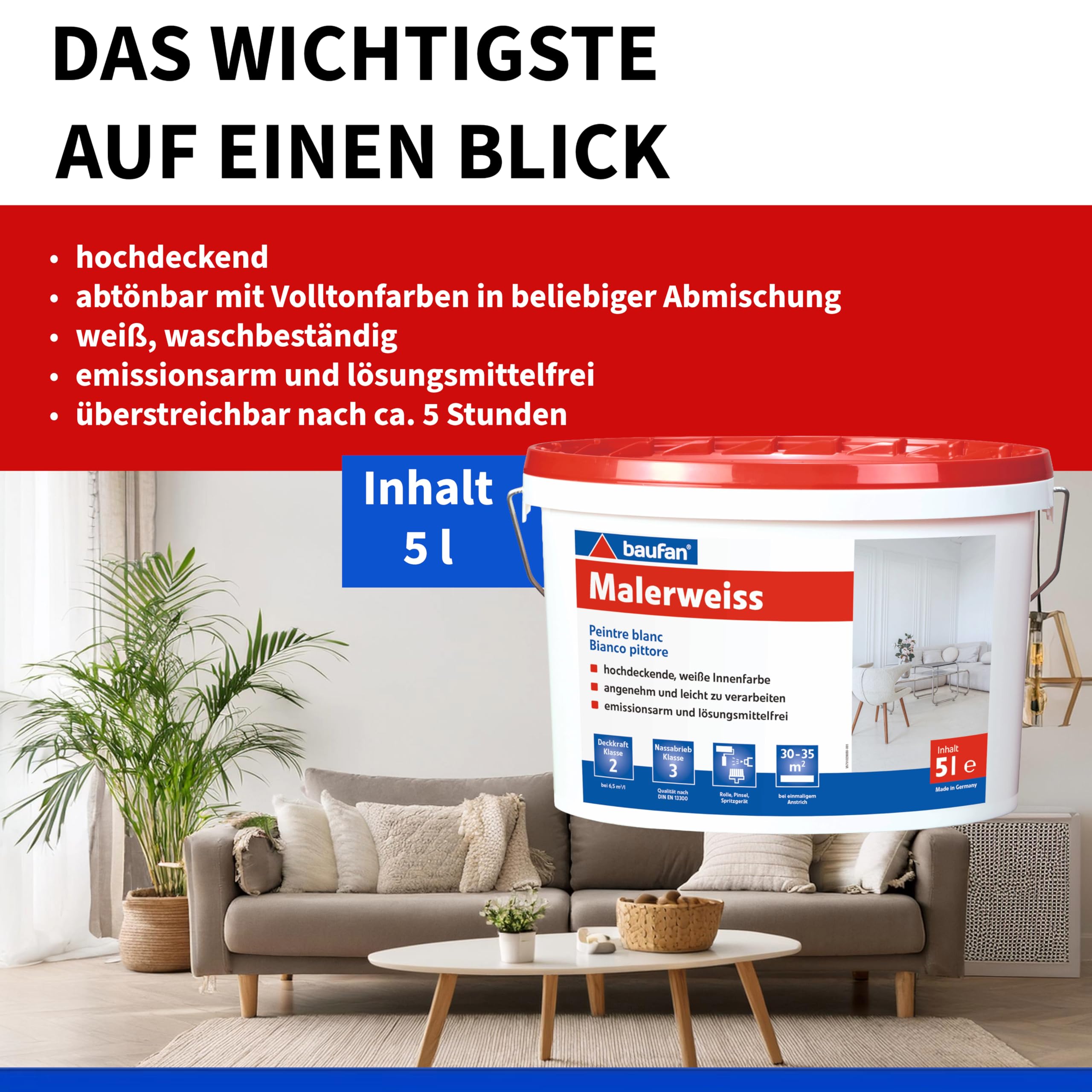 Baufan Blanc de Peintre 5 L | peinture intérieure | facile à appliquer | sans solvants | faibles émissions | lavable | teintable | emballage résistant à la casse