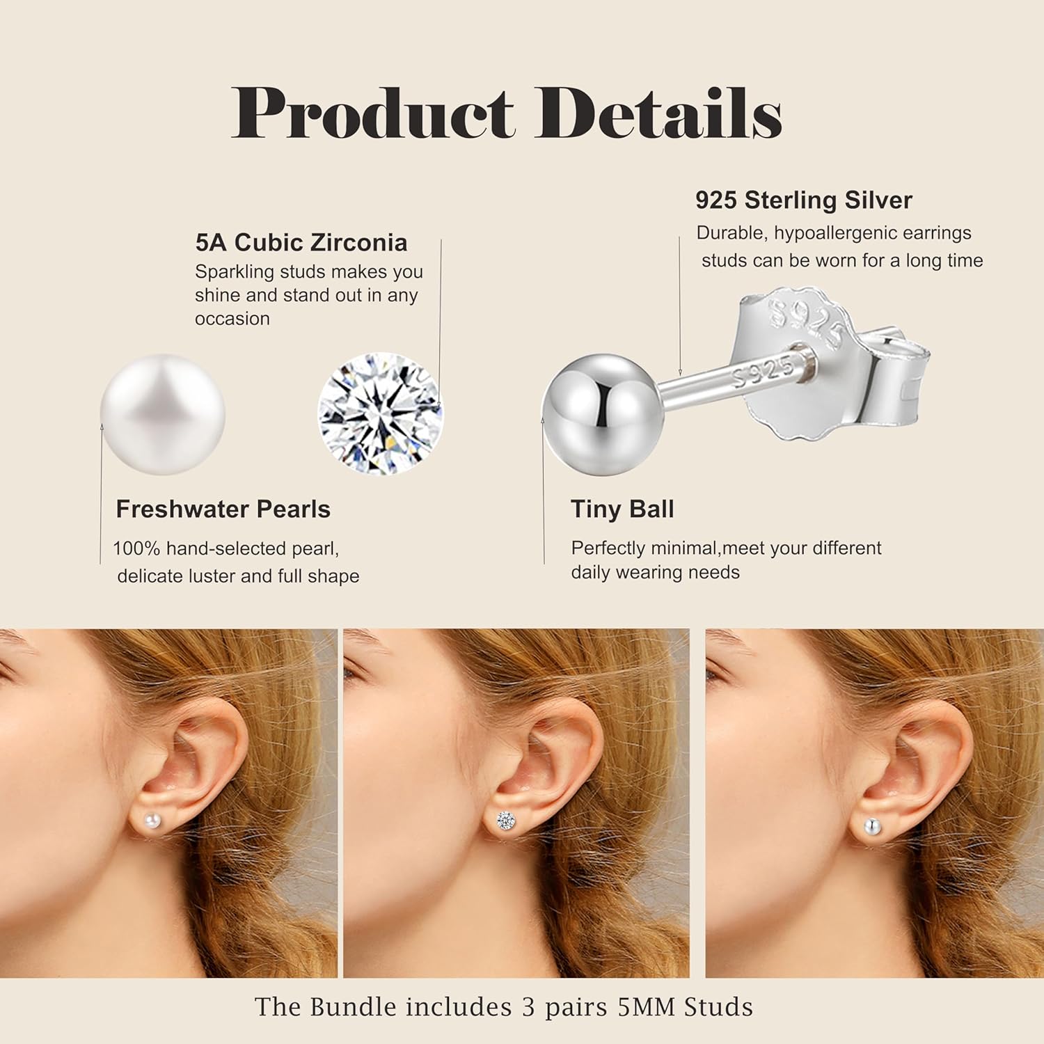925 Sterling Silver Earrings Set 3PCS 3-5mm Tiny Ball CZ Pearl Stud Earrings Cartilage Studs for Women - Image 4