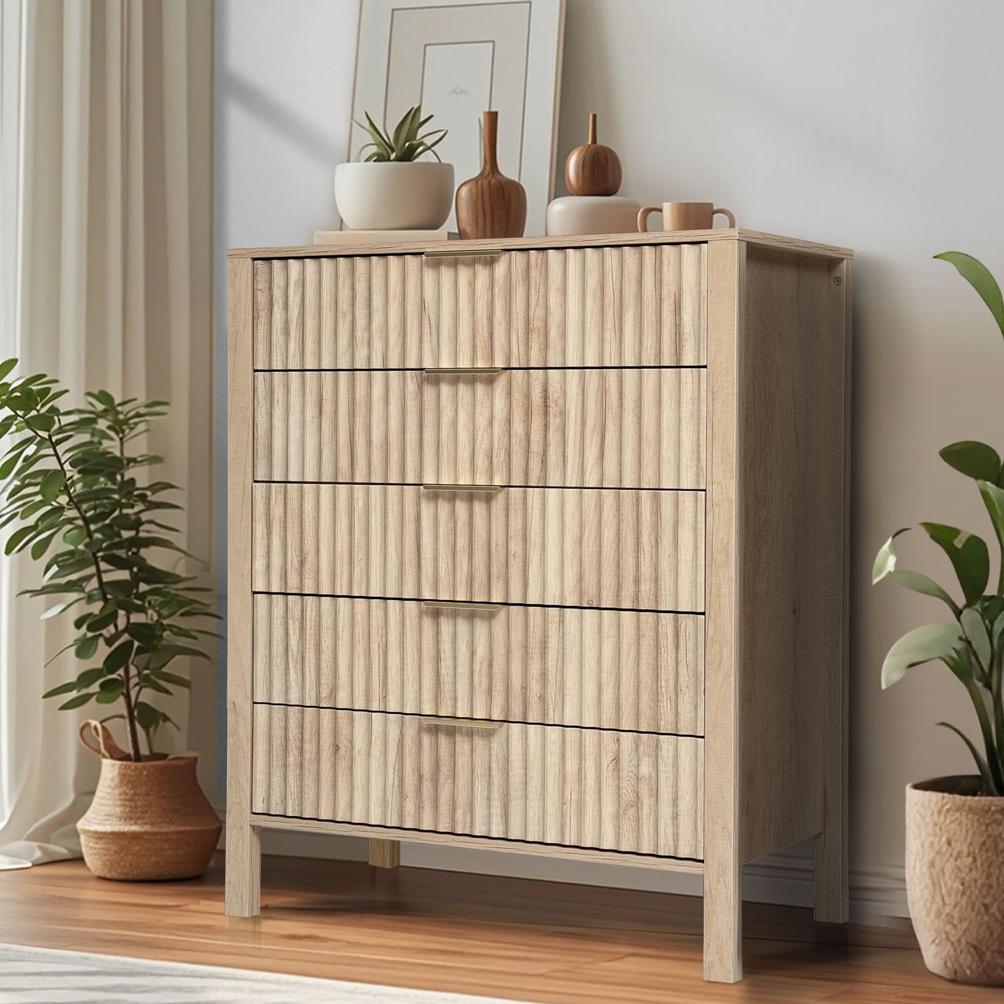 GIODIR Fluted 5 Drawer Dresser, Wooden Chest of Drawers with Wide Metal Handles, 42" Tall Storage Dresser Organizer with Curved Profile Design for