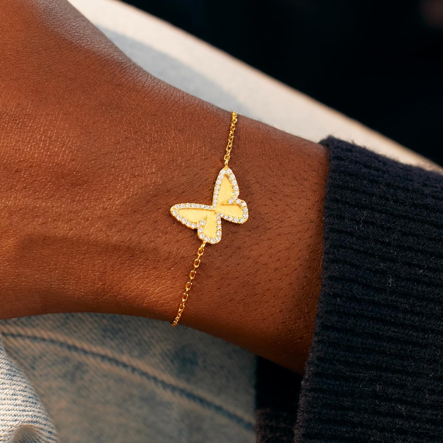STORYJEWELLERY Gold Plated Butterfly Bracelet, Sterling Silver Bracelets for Women, Dainty Charm Bracelet Adorned with Cubic Zirconia, Butterfly Gifts for Women, Graduation and Birthday Gifts for Her - Image 4