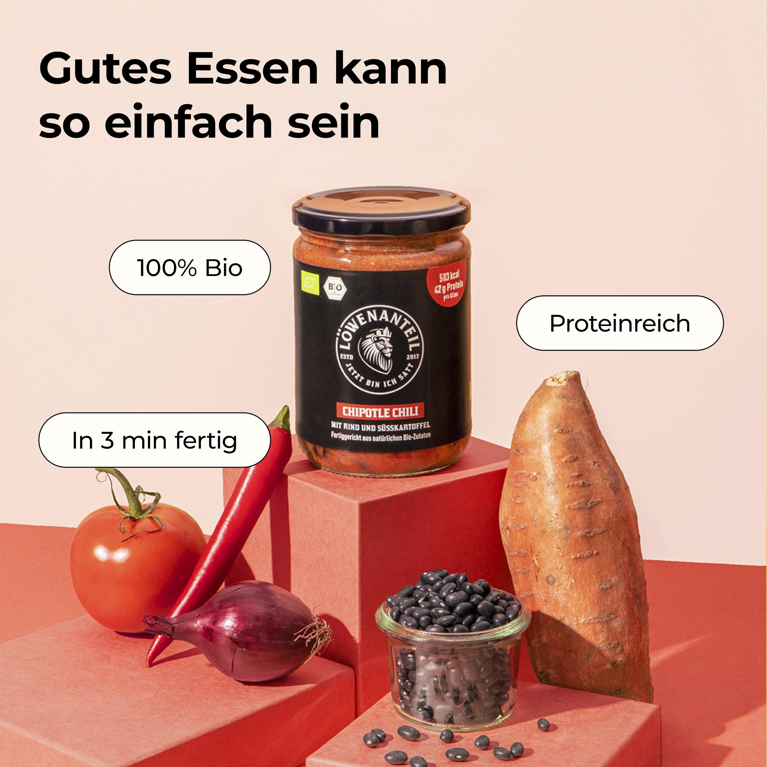 Löwenanteil - 100% Bio-Eintopf CHIPOTLE CHILI - 6x 570g Glas - Proteinreiches Fertiggericht mit bestem Rindfleisch & Süßkartoffel - Ohne Zuckerzusatz & Glutenfrei