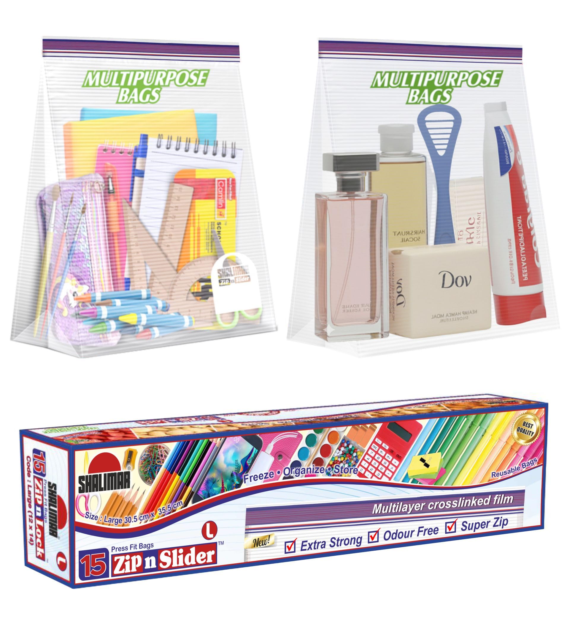 Shalimar Zip 'N' Slider Bags | Large (30.5 cm X 35 cm) | Pack of 15 Bags | Ziplock/Multi-Purpose Storage Bag | Reusable & Reclosable with Slider Lock | Color - Natural