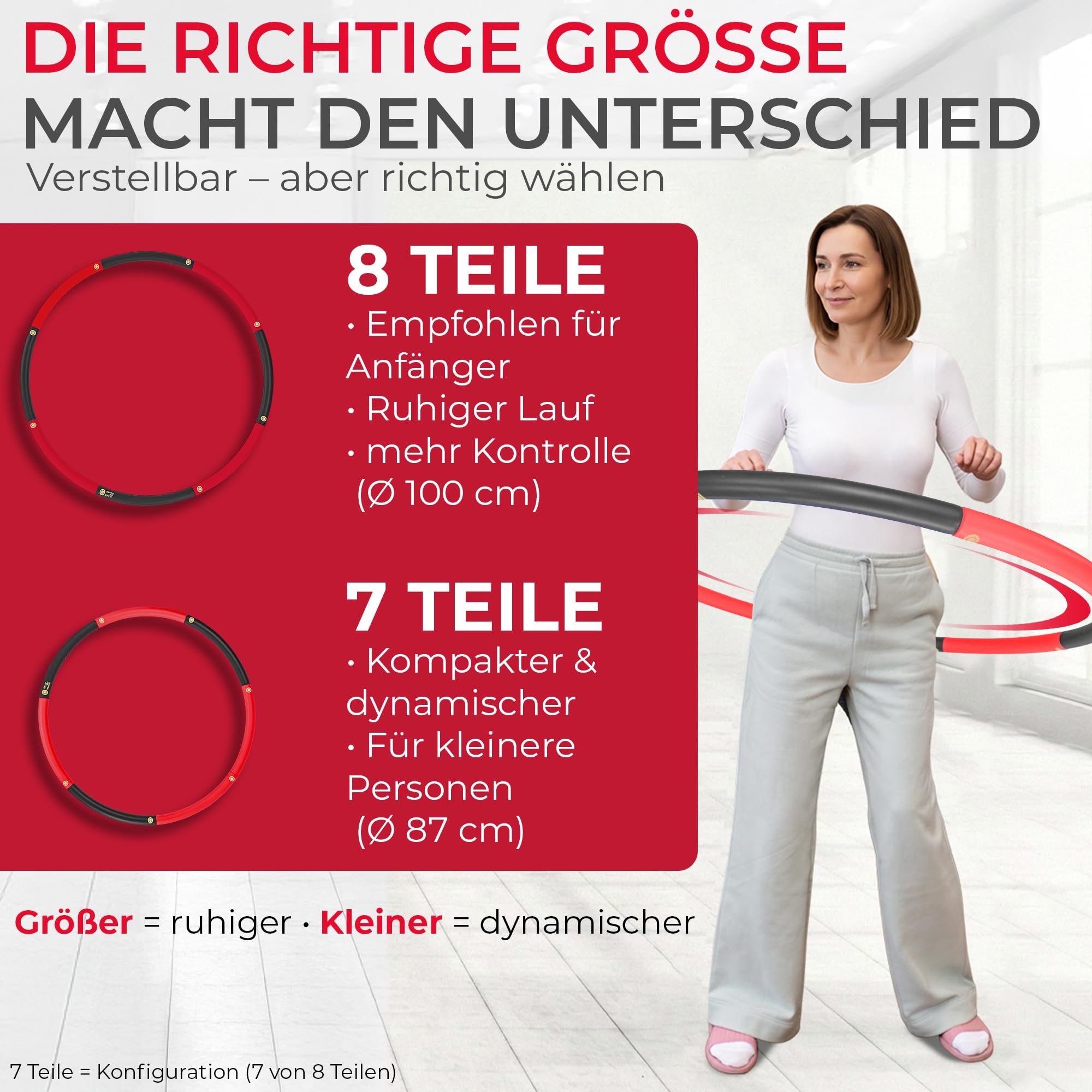 Hula hop dla początkujących, bez fal i wypustek, 1 kg do 1,5 kg, 75-100 cm, 6-8 segmentów, Hullahub Fitness Sport dla dorosłych do odchudzania