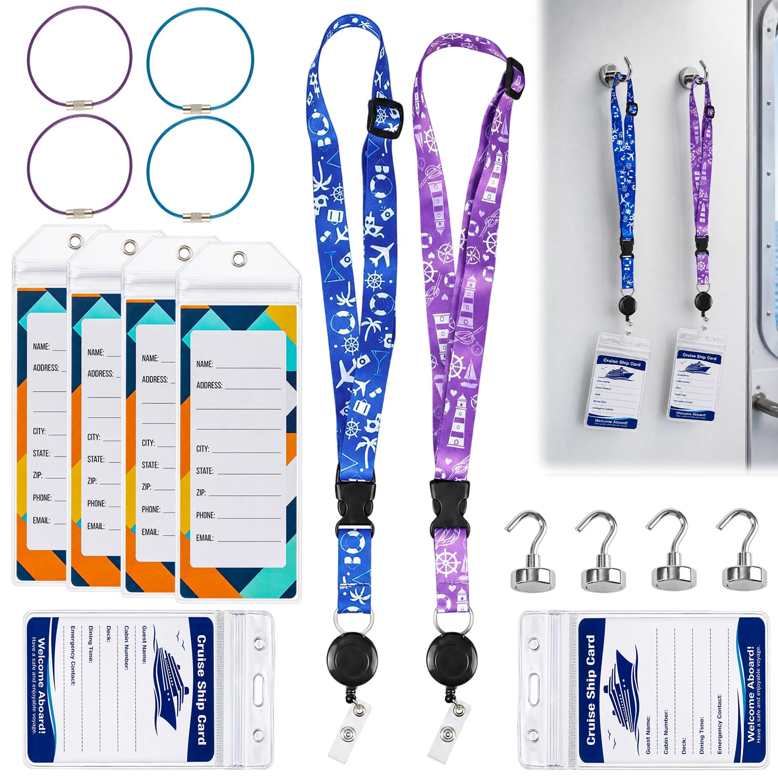 14 Pcs Cruise Essentials Kit, 2 Cruise Neck Lanyards with Card Holder, 4 Clear Luggage Label Pouches, 4 Steel Wire Lanyards, 4 Magnetic Cabin Hooks, Cruise Accessories for All Cruise Passengers