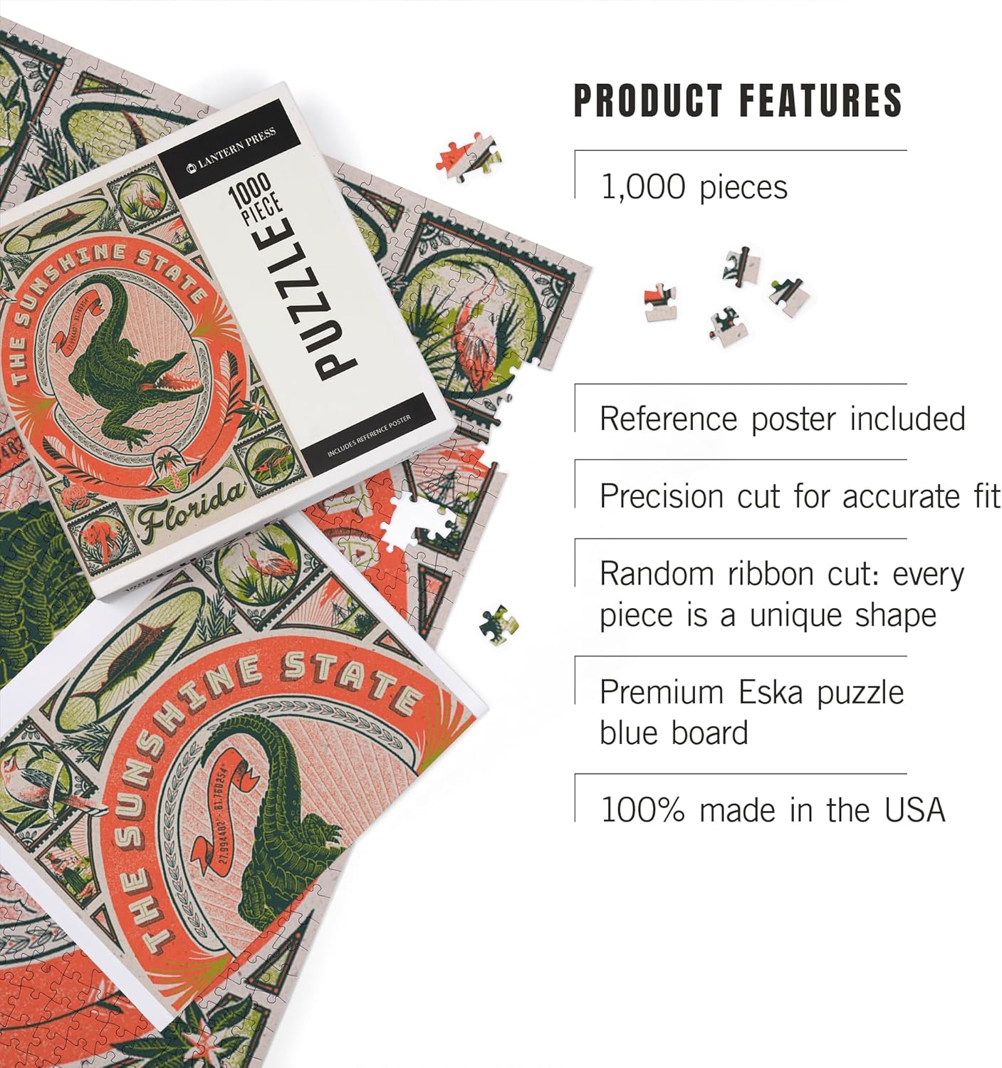 "Lantern Press Florida, Woodcut Menagerie Series, The Sunshine State, 1000 Piece Jigsaw Puzzle for Adults, Made in USA with Reference Poster"