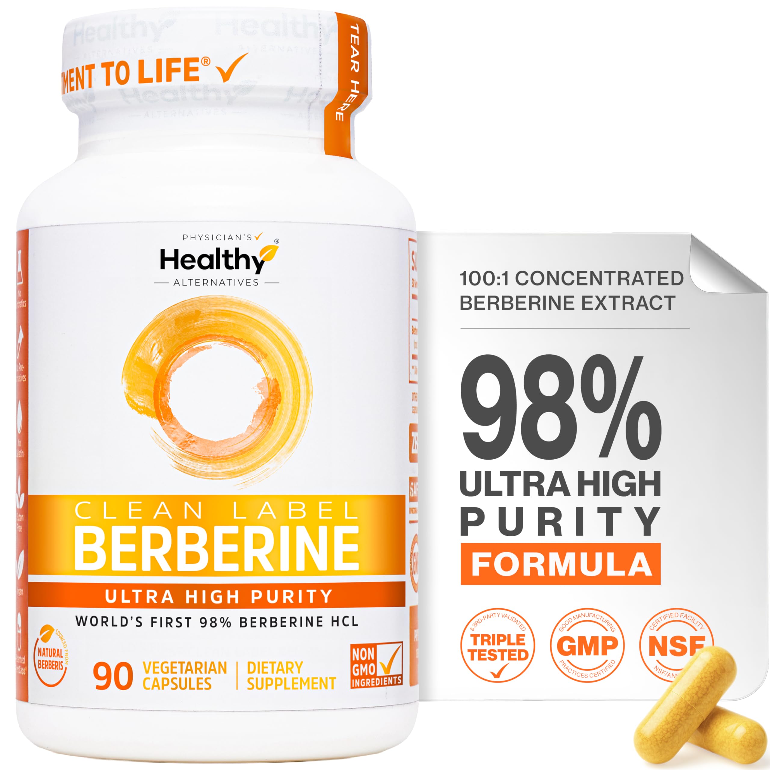 Clean Label Berberine, Ultra High Strength Berberine Supplement 100x More Concentrated | 98% Berberine HCl, Highest Purity in US | 500mg Capsules | Triple Tested | Made in USA, cGMP Certified