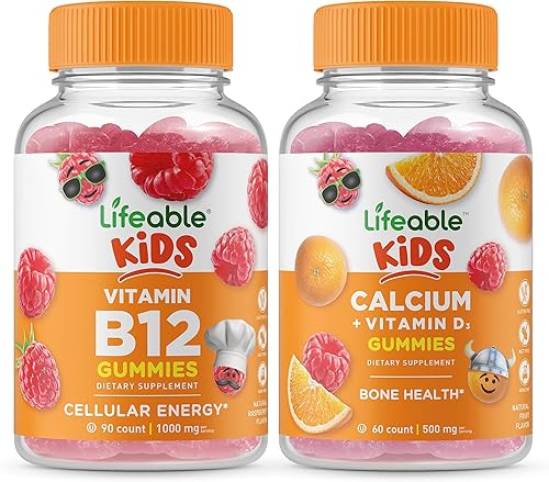 Lifeable Vitamina B12 Kids + Calcio con Vitamina D para niños, paquete de gomitas – Gran sabor, suplemento vitamínico, sin gluten, sin OMG, gomita