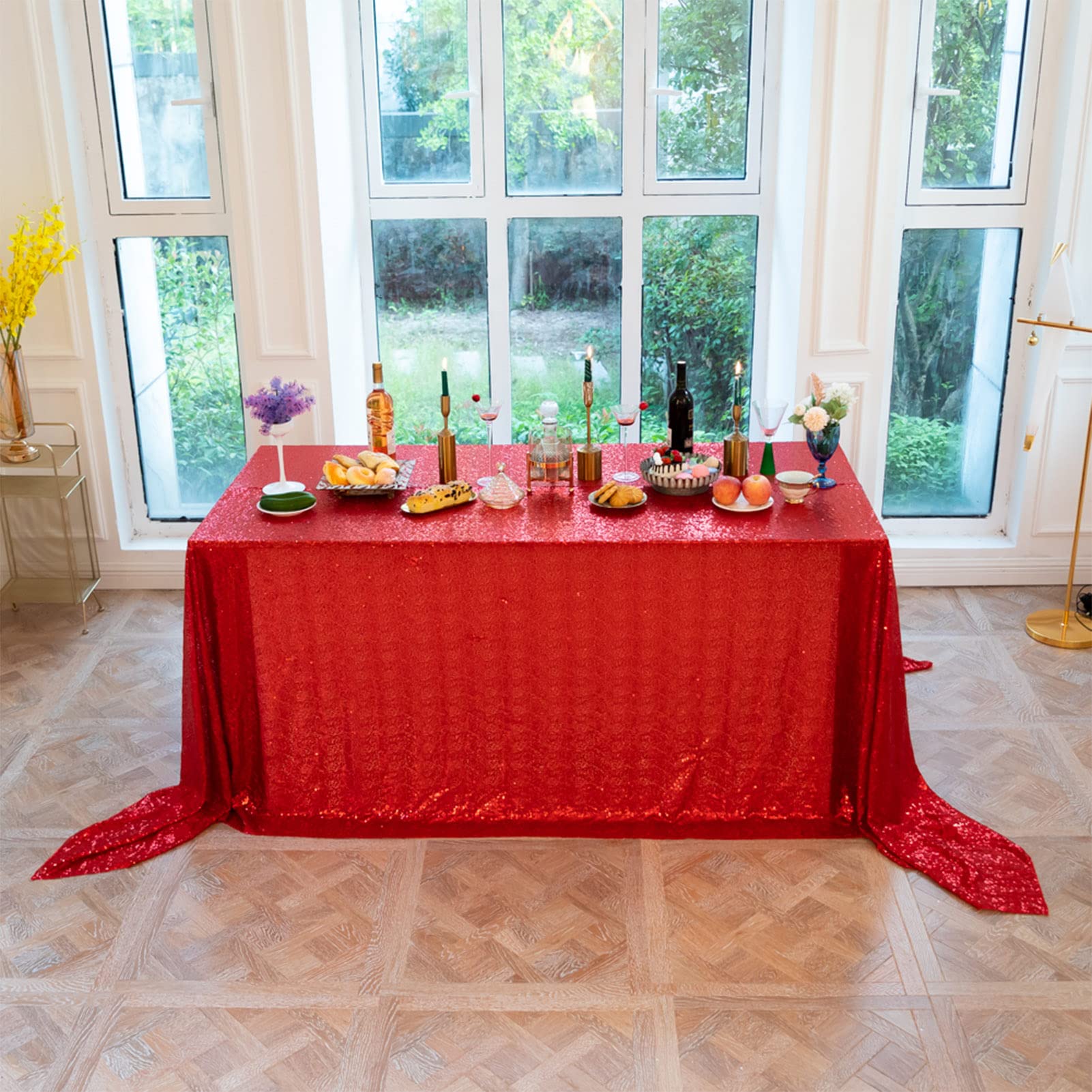 Manteles de Lentejuelas para Bodas, Brillante Protector Cubierta de Mesa, Manteles en Poliéster para Comedor Cocina Fiesta Decoración (Rojo,Rectángulo 153x300cm)