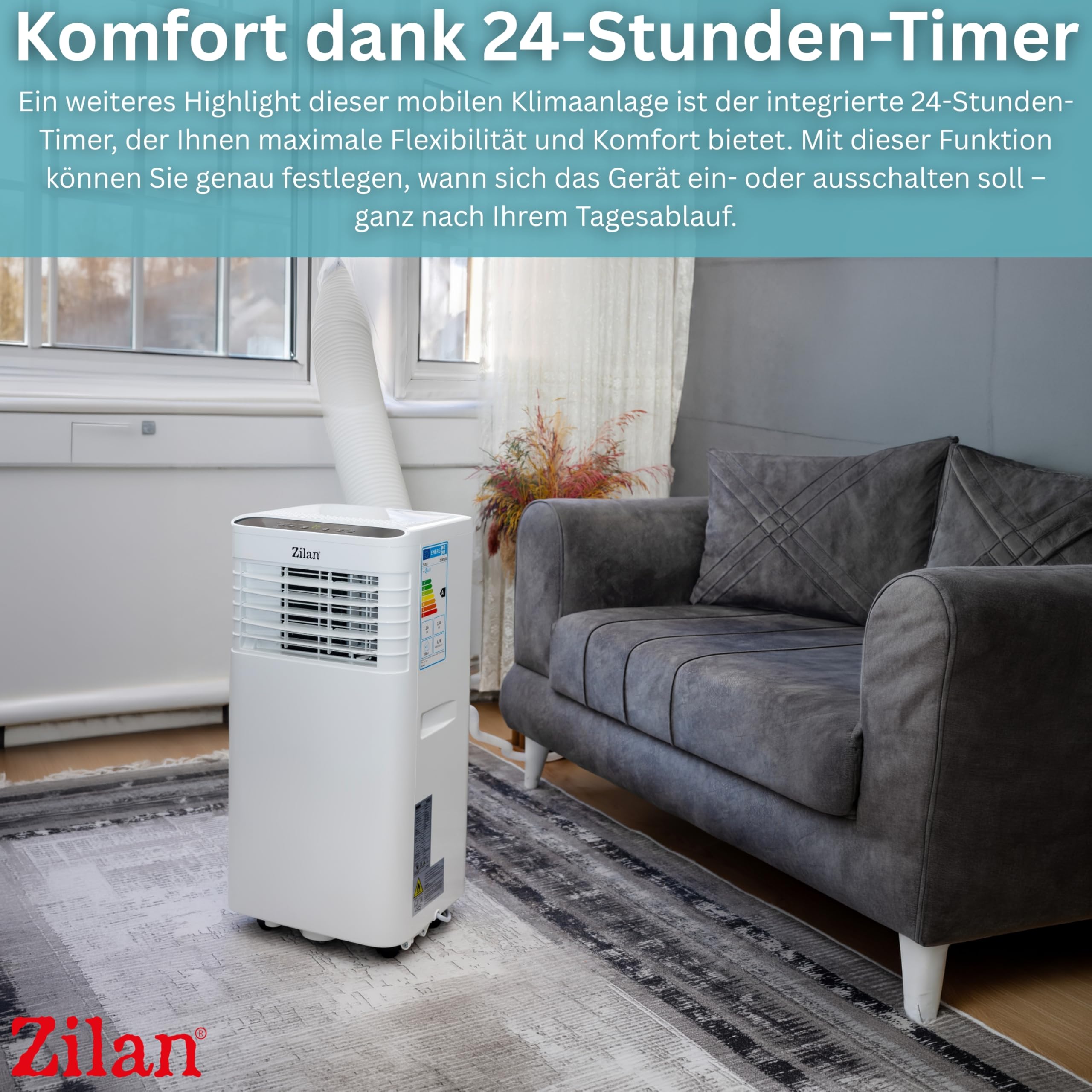 Zilan Mobile Klimaanlage 9000 BTU 3-in-1 Mobiles Klimagerät mit Abluftschlauch & Fensterkit – Kühlen, Entfeuchten & Ventilator, für Räume bis 50 m², 24h Timer, Schlafmodus, LED Display, Fernbedienung