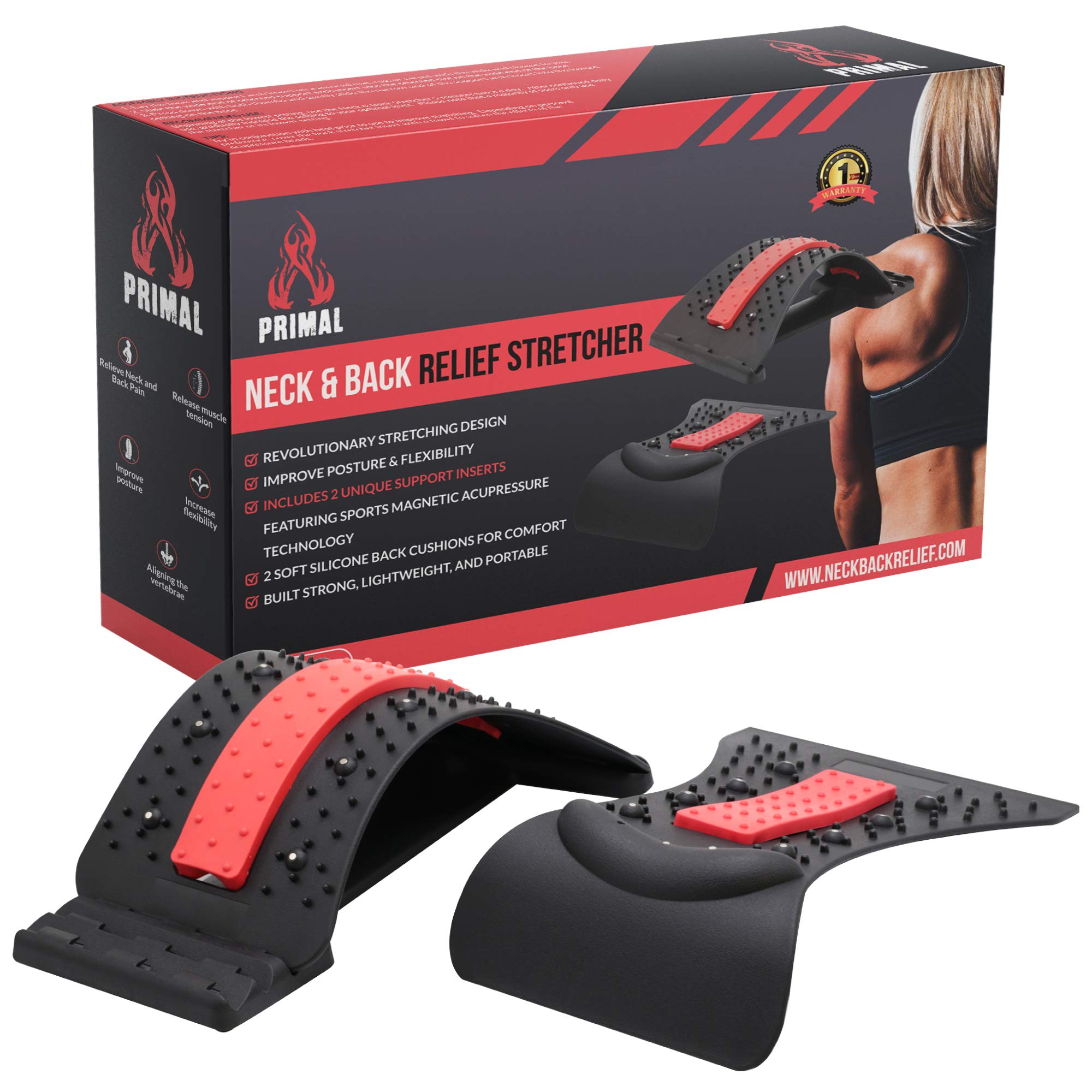 Primal Lightweight Neck, Shoulder, and Back Relief Stretcher - 2 Unique Support Inserts - Updated Design with Magnetic Acupressure PTS - Multi-Level Lumbar Support - Improve Flexibility, Posture