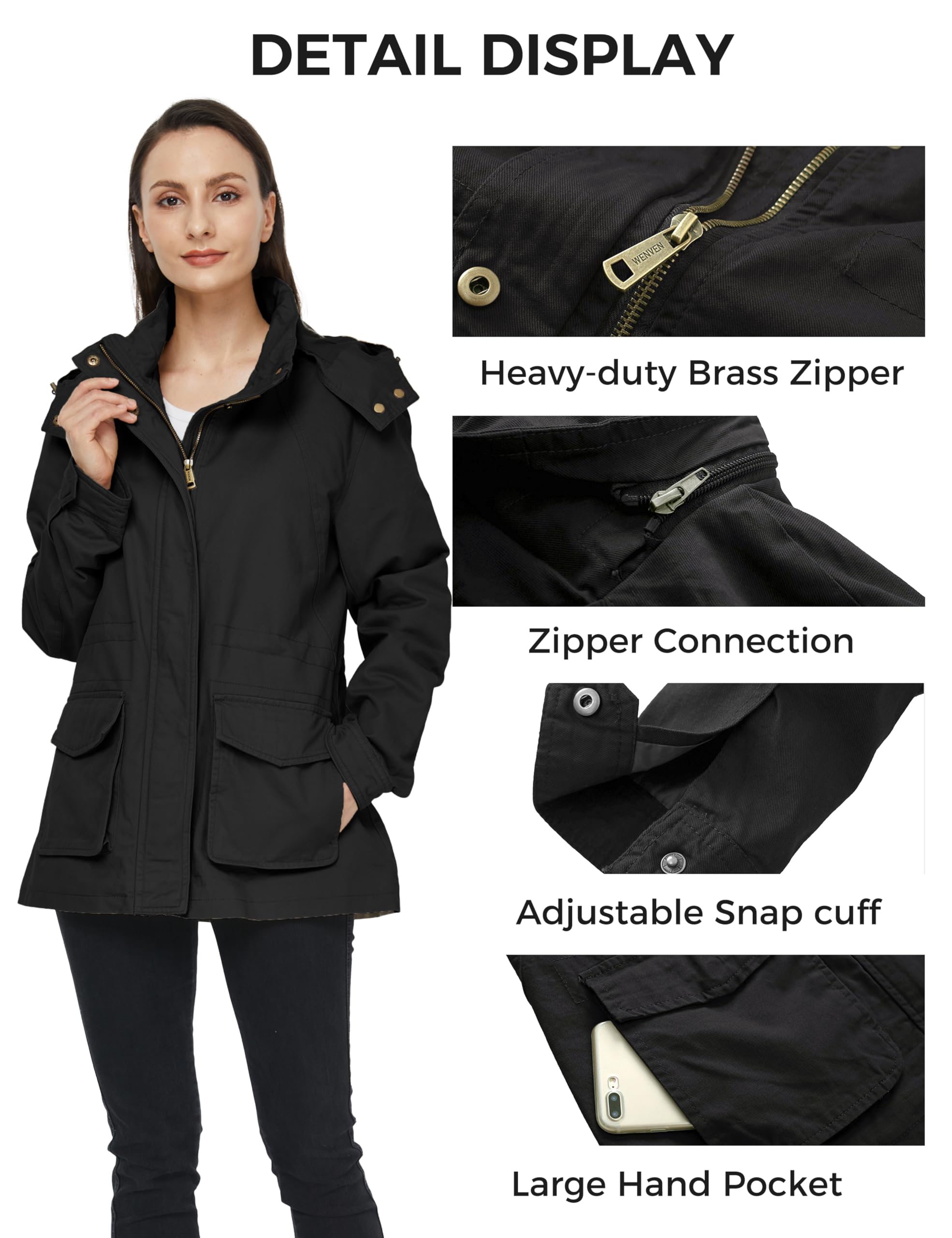 WenVen Veste Femme mi Saison Parka Grande Taille avec Capuche Amovible Veste Militaire Coupe Ajustée Veste Classique Automne Hiver Manteau Trench Coat Manteau en Coton