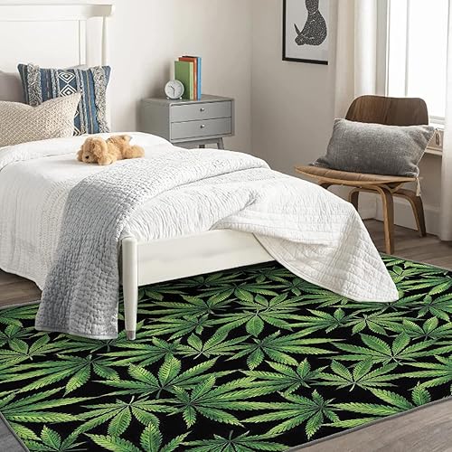 Miniatura 4 de Alfombra de marihuana de 5 x 7 pies, alfombra de área de hojas de marihuana para dormitorio, sala de estar, alfombra grande con patrón de cannabis,