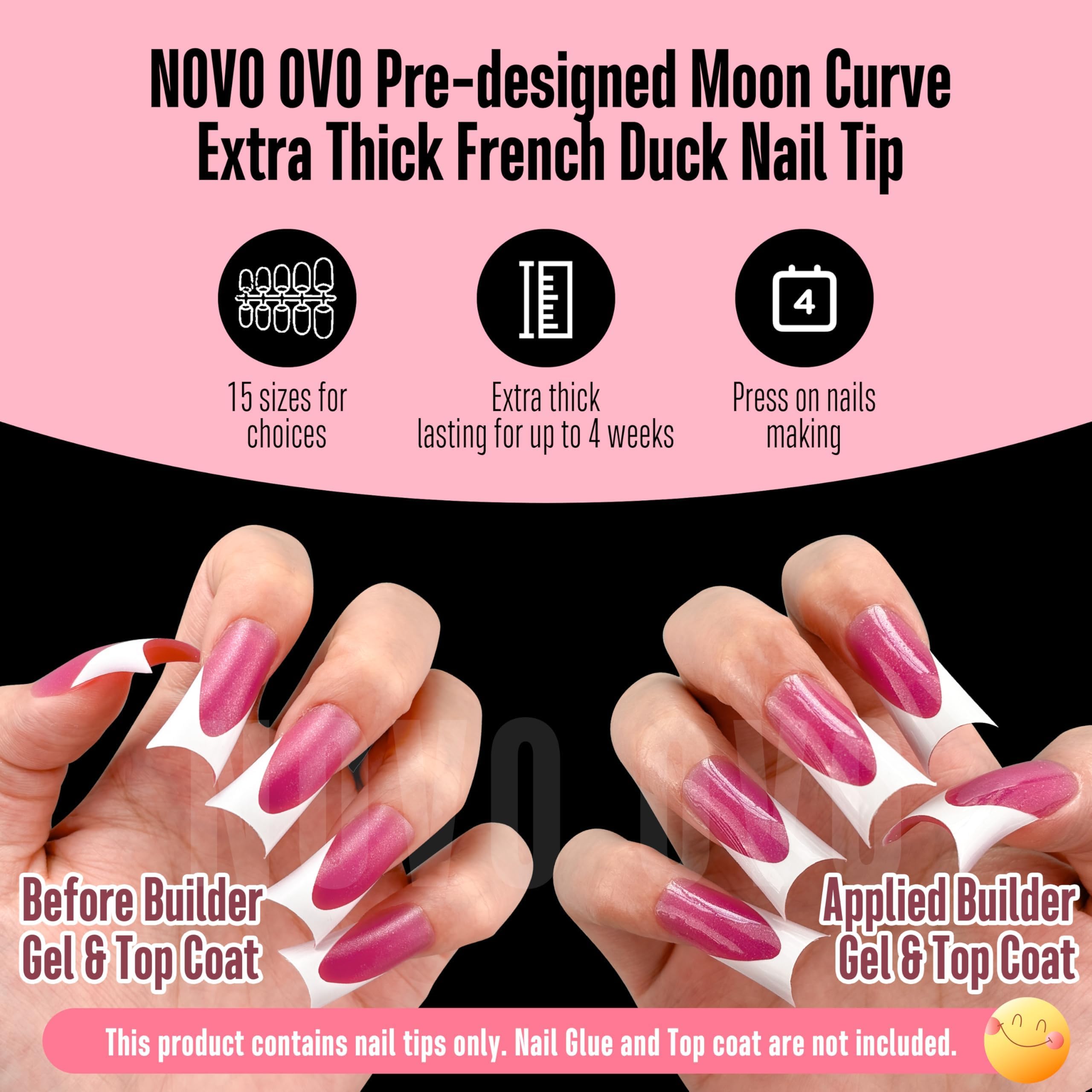 NOVO OVO Halloween Duck Nail White French Tips Press On ROSE PINK with Glitter, Full Cover Acrylic with Moon Curve - Image 4