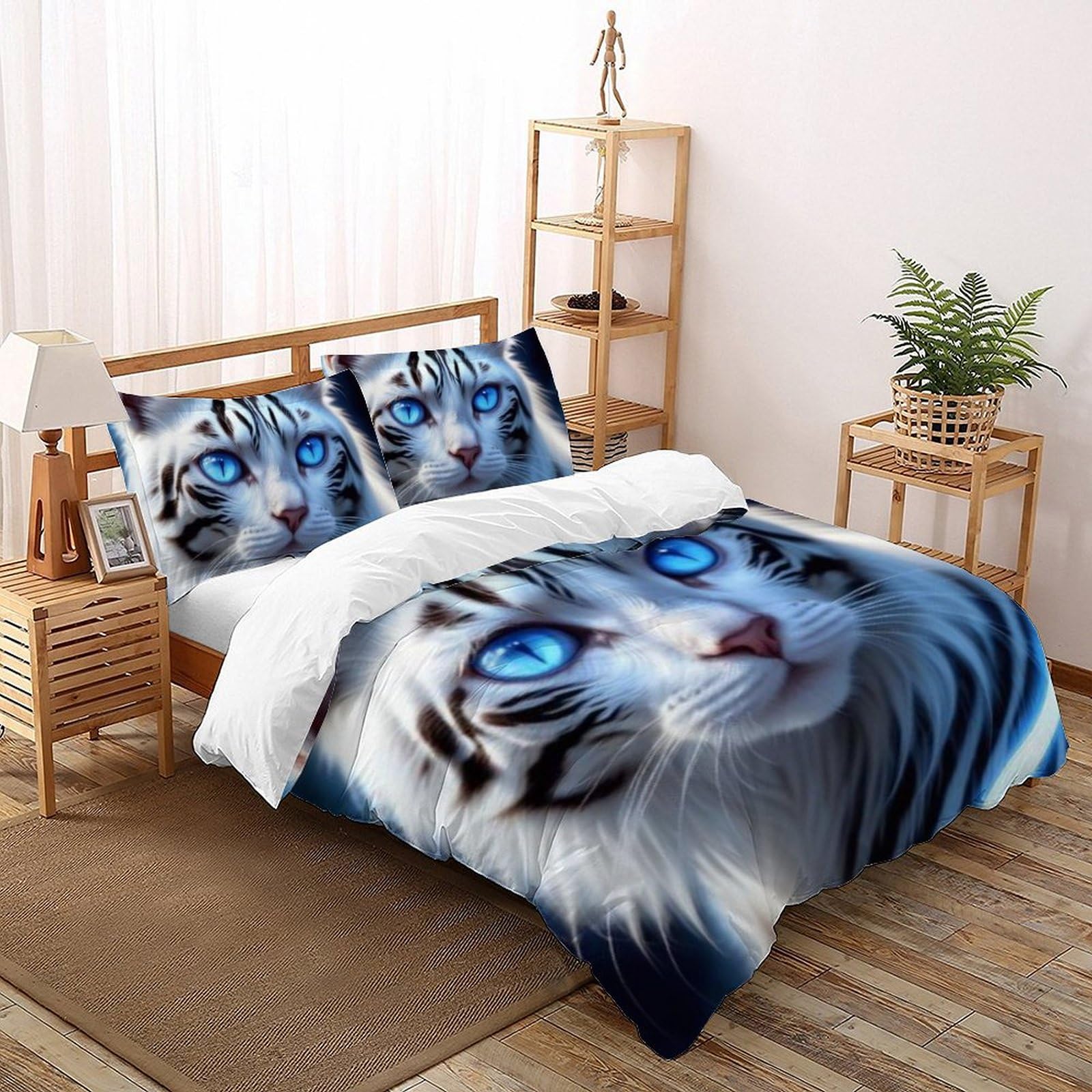 Parure tigre blanc yeux bleus 200x200cm pour sublimer une chambre adulte