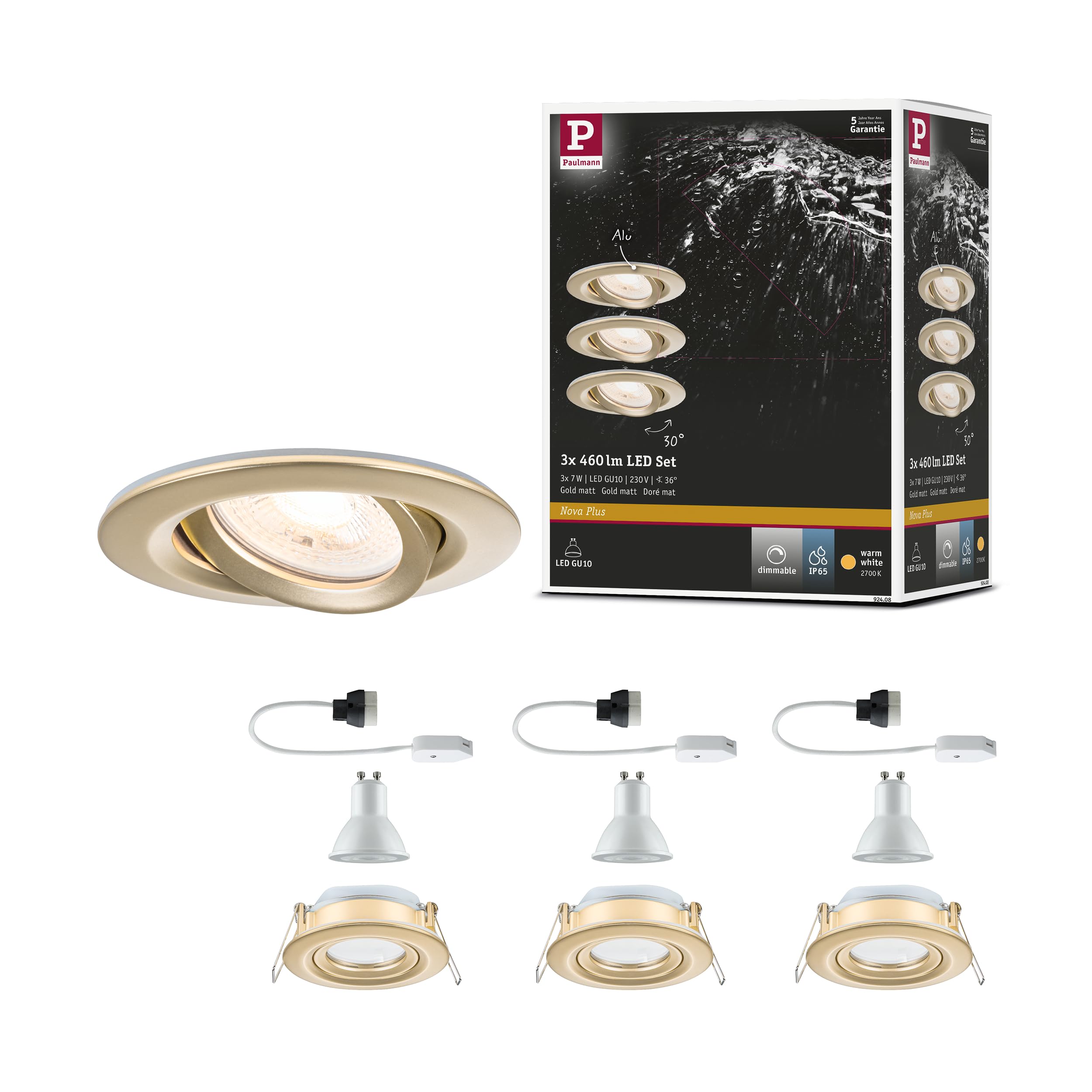 Paulmann 92408 LED Recessed luminaire Nova Plus IP65 Round 93mm 30° GU10 3x6W 3x460lm 230V dimmable 2700K Gold matt