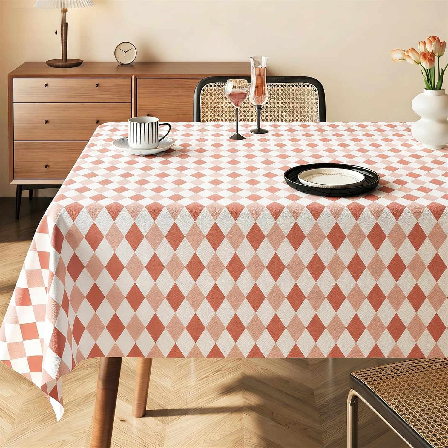 KIJyfgTR New Twill Check Wipeable Tablecloth, Rectangular Table Cover(Pink,140x180cm)
