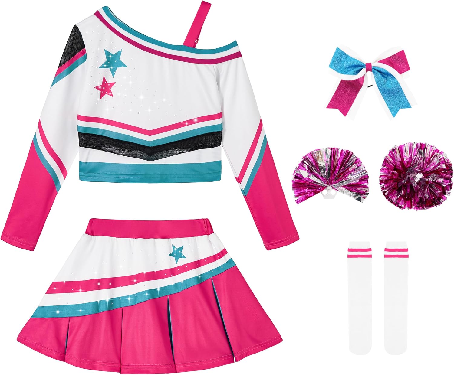 LOLANTA Girls Cold-Shoulder Cheerleader Costume Sparkle Mesh Patchwork Cheer Uniform Halloween Party Cheerleading Outfit