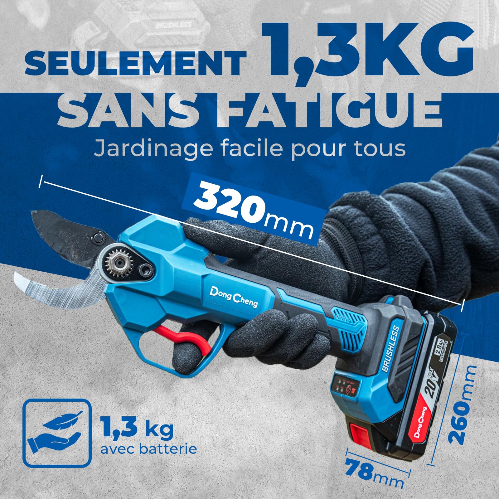 Dong Cheng Sécateur Électrique Sans Fil 20V, 4 Niveaux de Coupe Jusqu'à 35 mm, Lame SK5 avec 2 Batteries 2.0Ah, Sécateur de Jardin Professionnel à Moteur Sans Balais pour Jardin, Branche et Arbuste
