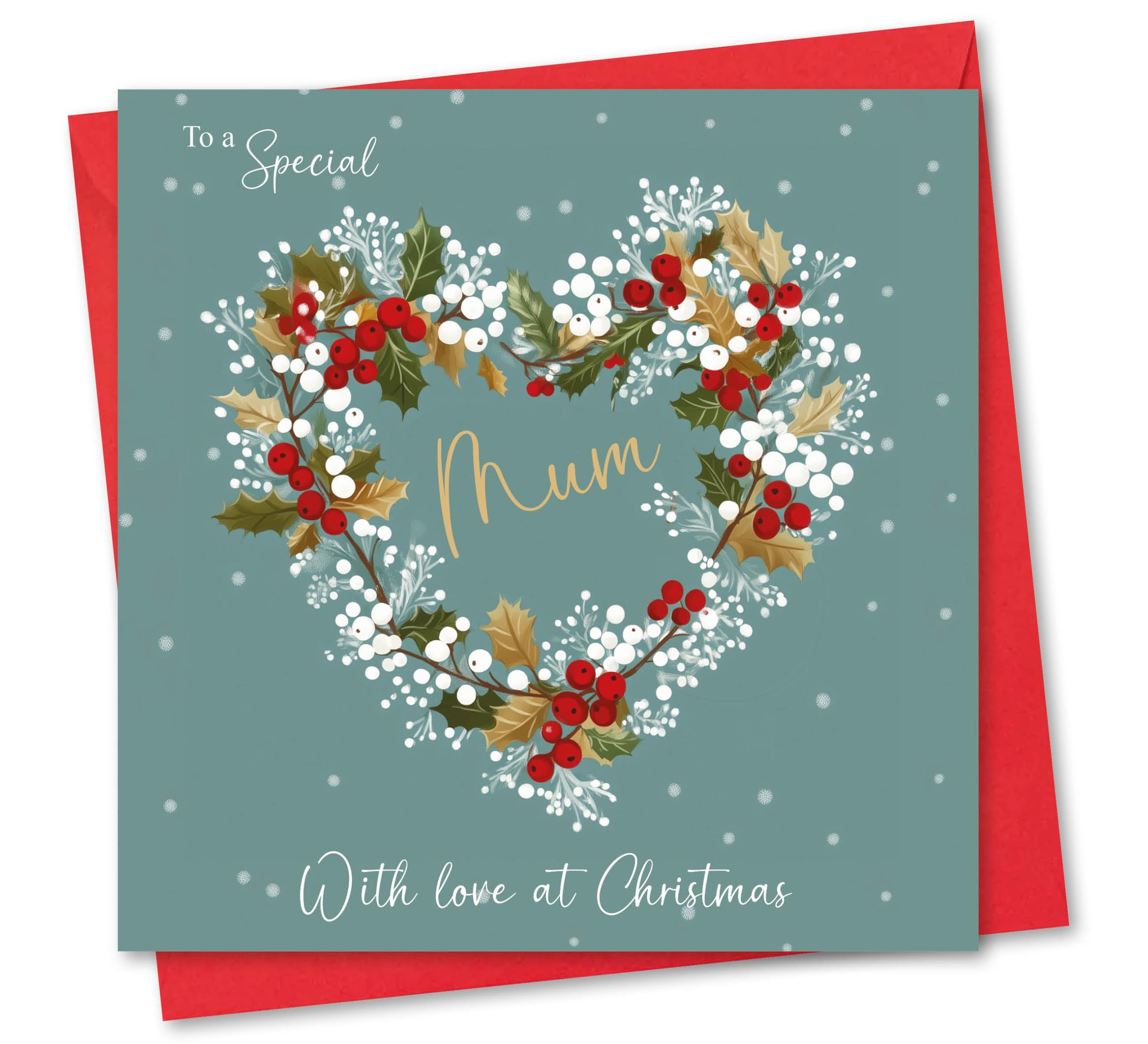 Christmas Card for Mum. Green Wreath Design. Verse Inside. 150x150mm card size. Ecofriendly and Made in U.K.