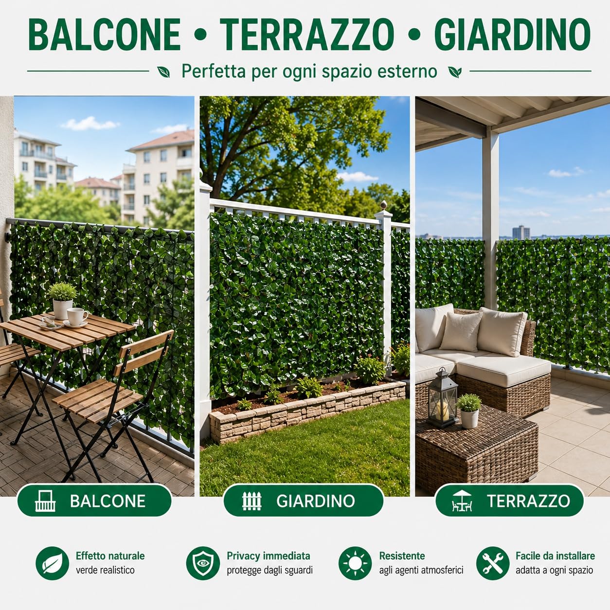Siepe Artificiale 1x3 m, Siepe Finta Frangivista per Balcone e Giardino, Rete Privacy con Foglie di Edera Artificiali, Copri Ringhiera Decorativo per Recinzione Esterno, Verde