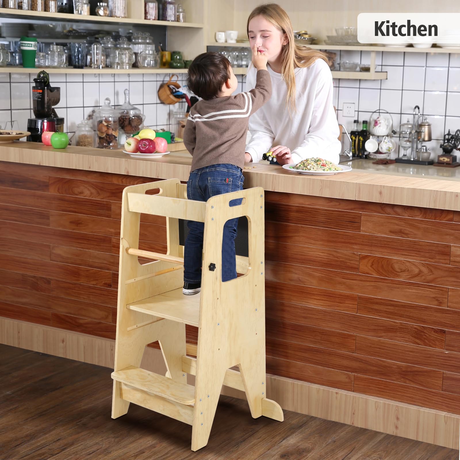 pädagogisch wertvoll Lernturm aus Holz für Kleinkinder | Verstellbarer Küchenhelfer/Tritthocker - rutschfest & kippsicher - mit Sicherheitsgeländer & Tafel - inkl. LCD-Zeichentafel