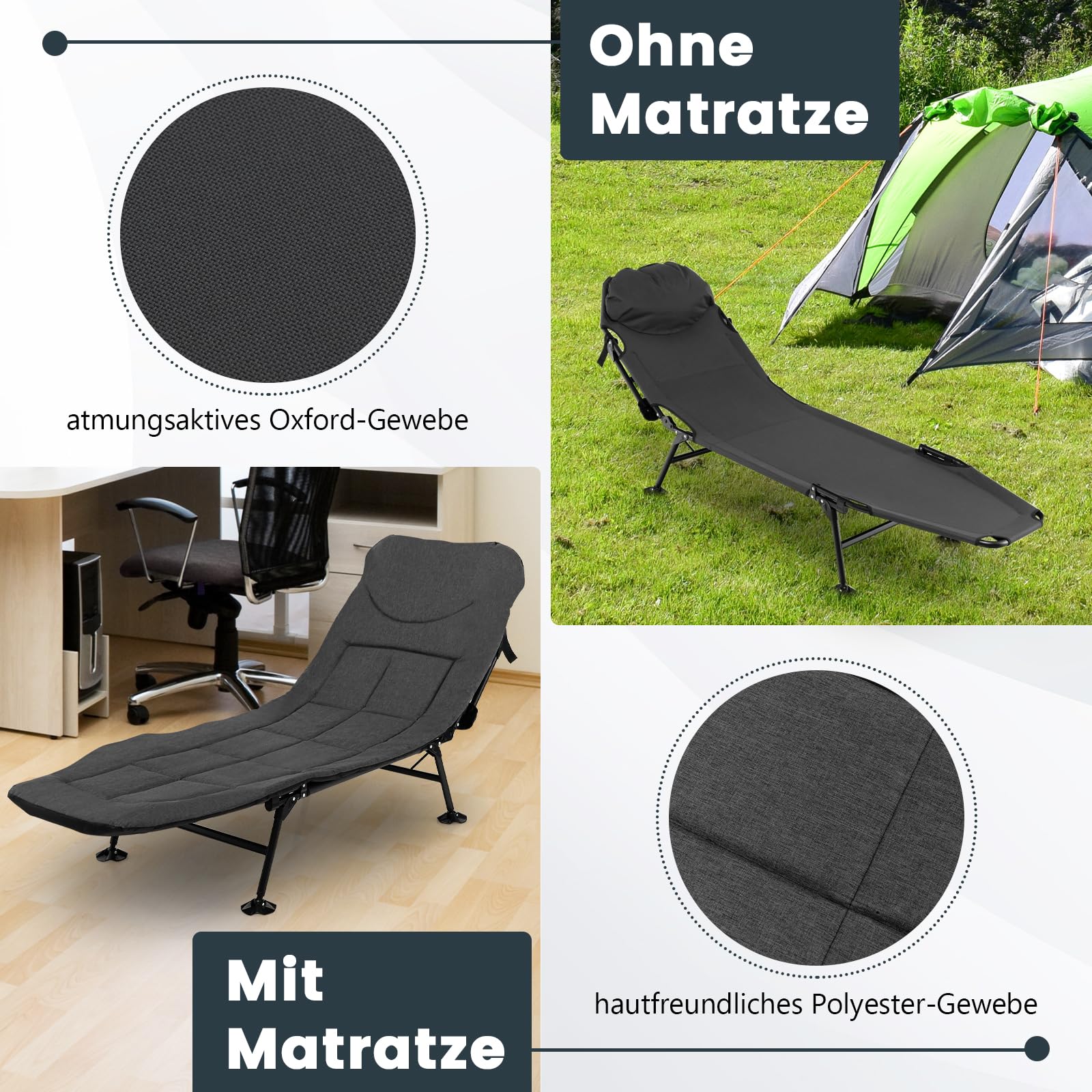 GYMAX Campingbett klappbar, Feldbett 194 x 66 x 29 cm, Gästebett mit Abnehmbarer Matratze & 6-Fach Verstellbarer Rückenlehne, Angelliege tragbar, Campingliege mit 6 Beinen