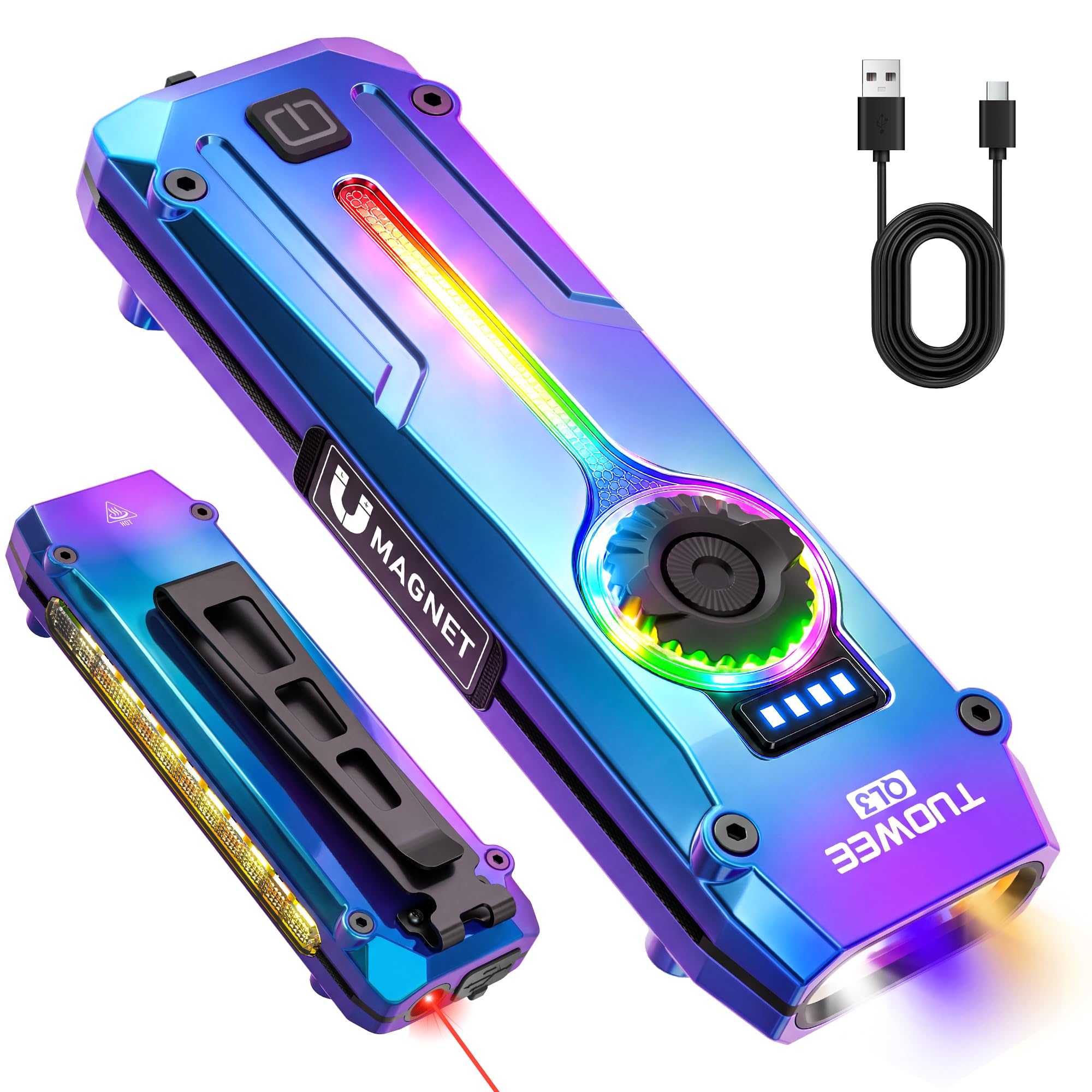TUOWEE UV LED Torch Rechargeable 1200LM Flat Pocket Torch with RGB, Magnetic Base Powerful Small Torch with Dual Switch,Stepless Dimming,USB-C Waterproof Work Flash Light for Work,Home,Emergencies
