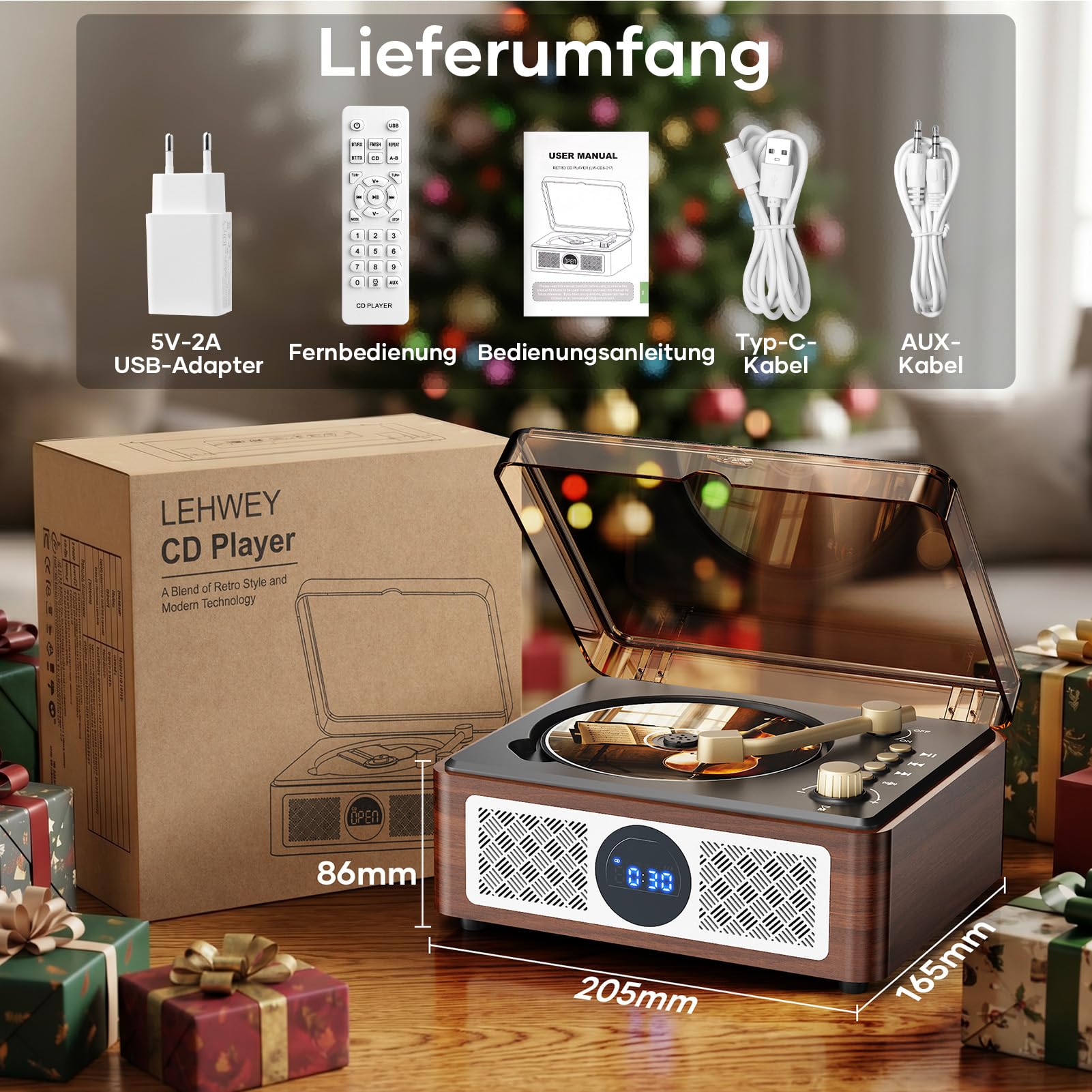 Bluetooth CD Player Tragbar mit Lautsprecher - Lehwey Retro CD-Player mit FM Radio, Stereo Sound, Unterstützt USB/AUX Wiedergabe, Vintage Desktop CD Spieler mit Fernbedienung, Staubschutz (Holz)