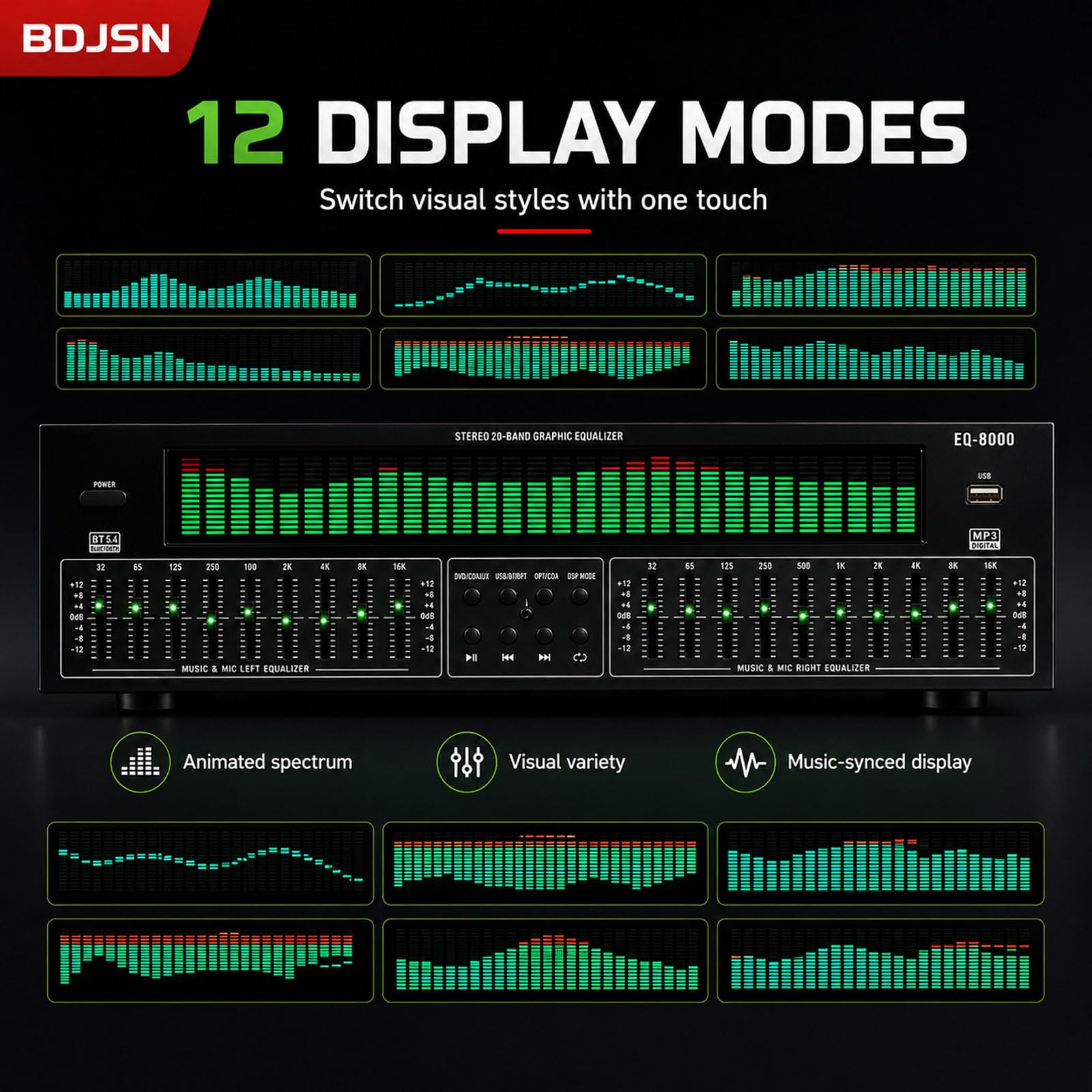 Equalizzatore Grafico Stereo, Equalizzatore Spettro Audio con Display LED, Regolazione Indipendente Doppia 10 Bande, Riproduzione USB, Ingresso Uscita Ottico Coassiale RCA per Home Theater, KTV