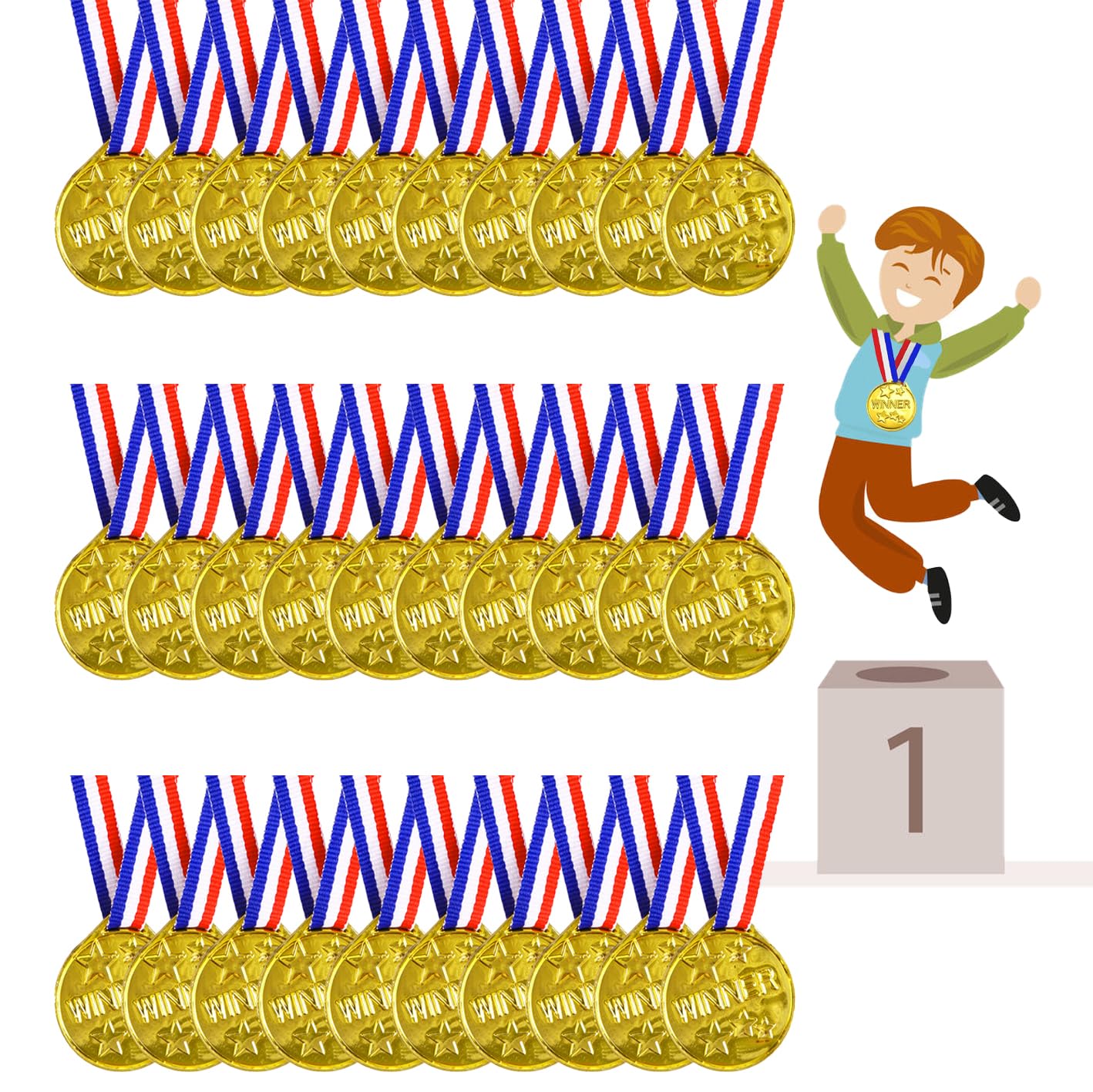 SULOLI 30 Pièces Médailles Enfants-Médaille d'or avec Rubans de Cou-Plastique Medaille Recompense pour Jeux Scolaires
