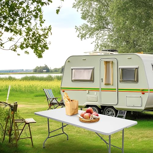 Miniatura 8 de Mesa plegable portátil de plástico resistente de 6 pies, plegable por la mitad, mesa plegable de plástico para interiores y exteriores, para Blanco